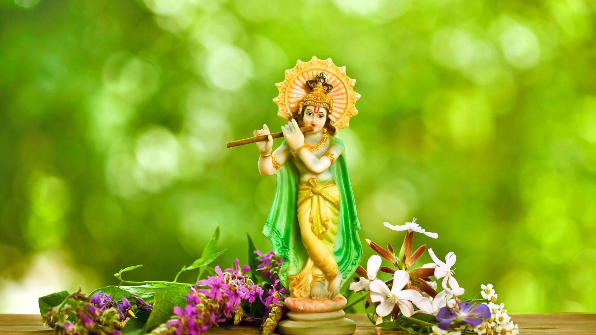 Dark Krishna, golden flute-playing deity, radiant crown, Full HD Desktop Wallpaper