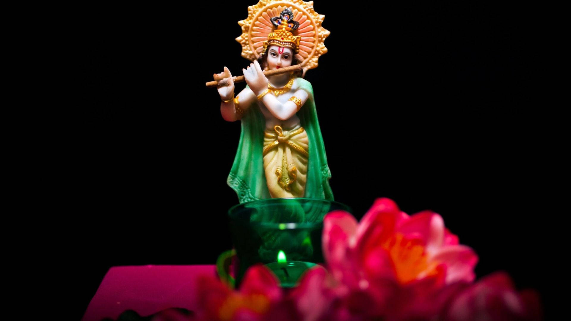 Dark Krishna, golden-hued statue, flute, Full HD Desktop Wallpaper