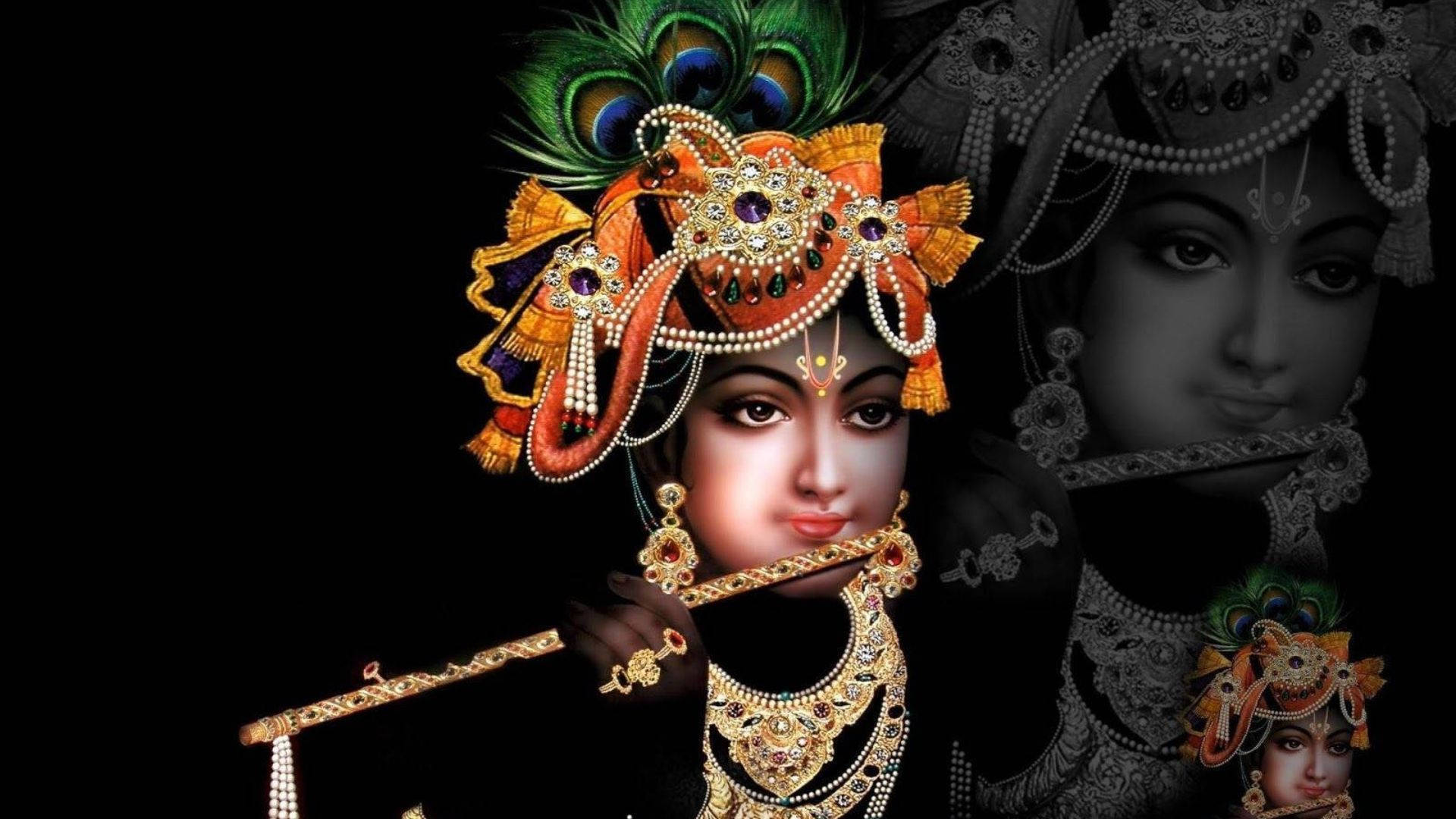 Dark Krishna, golden jewelry, peacock feather crown, Full HD Desktop Wallpaper
