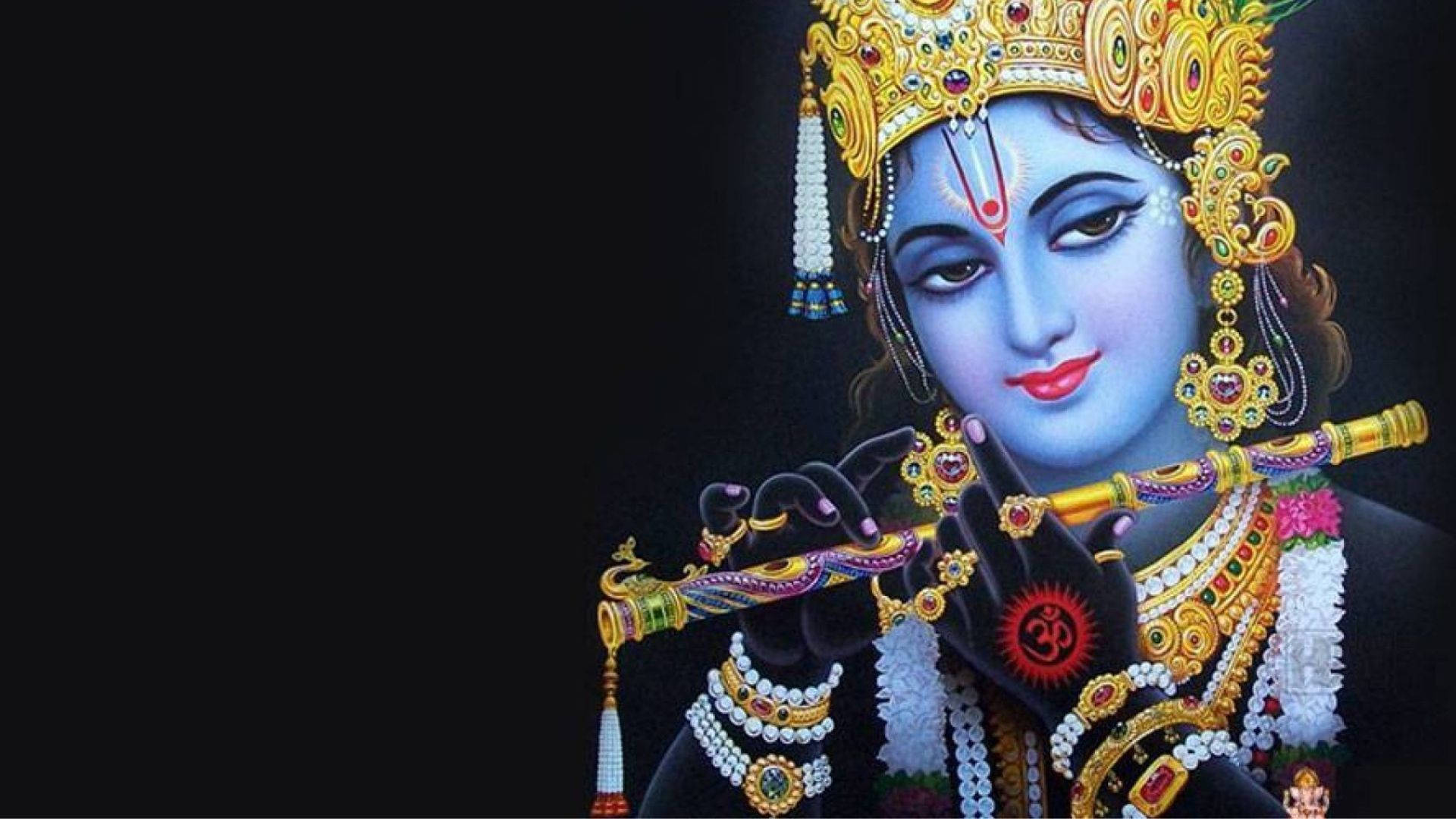 Dark Krishna, blue-skinned deity, golden jewelry, Full HD Desktop Wallpaper
