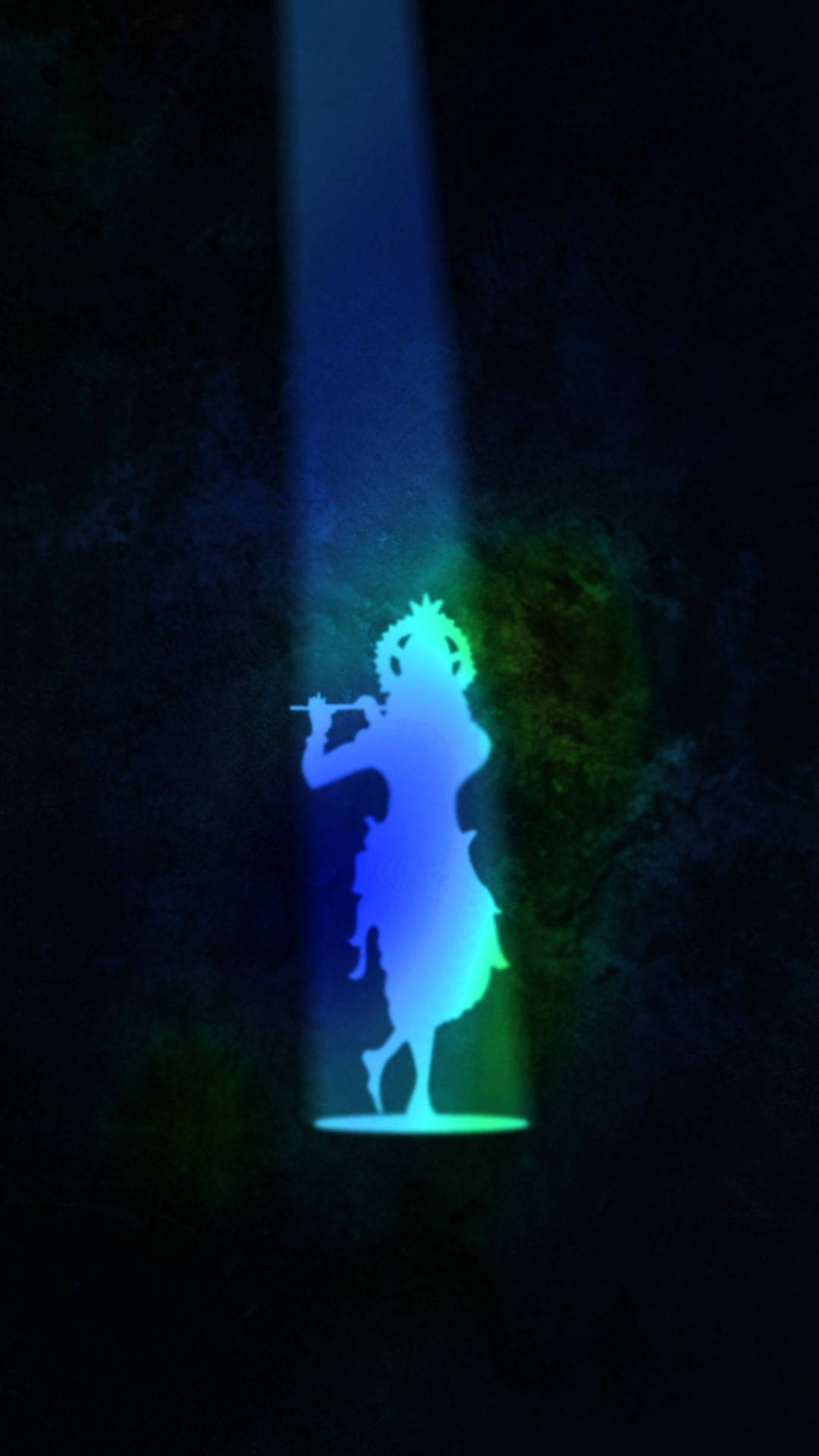 Dark Krishna, flute-playing figure, glowing blue and green silhouette, Full HD Phone Wallpaper