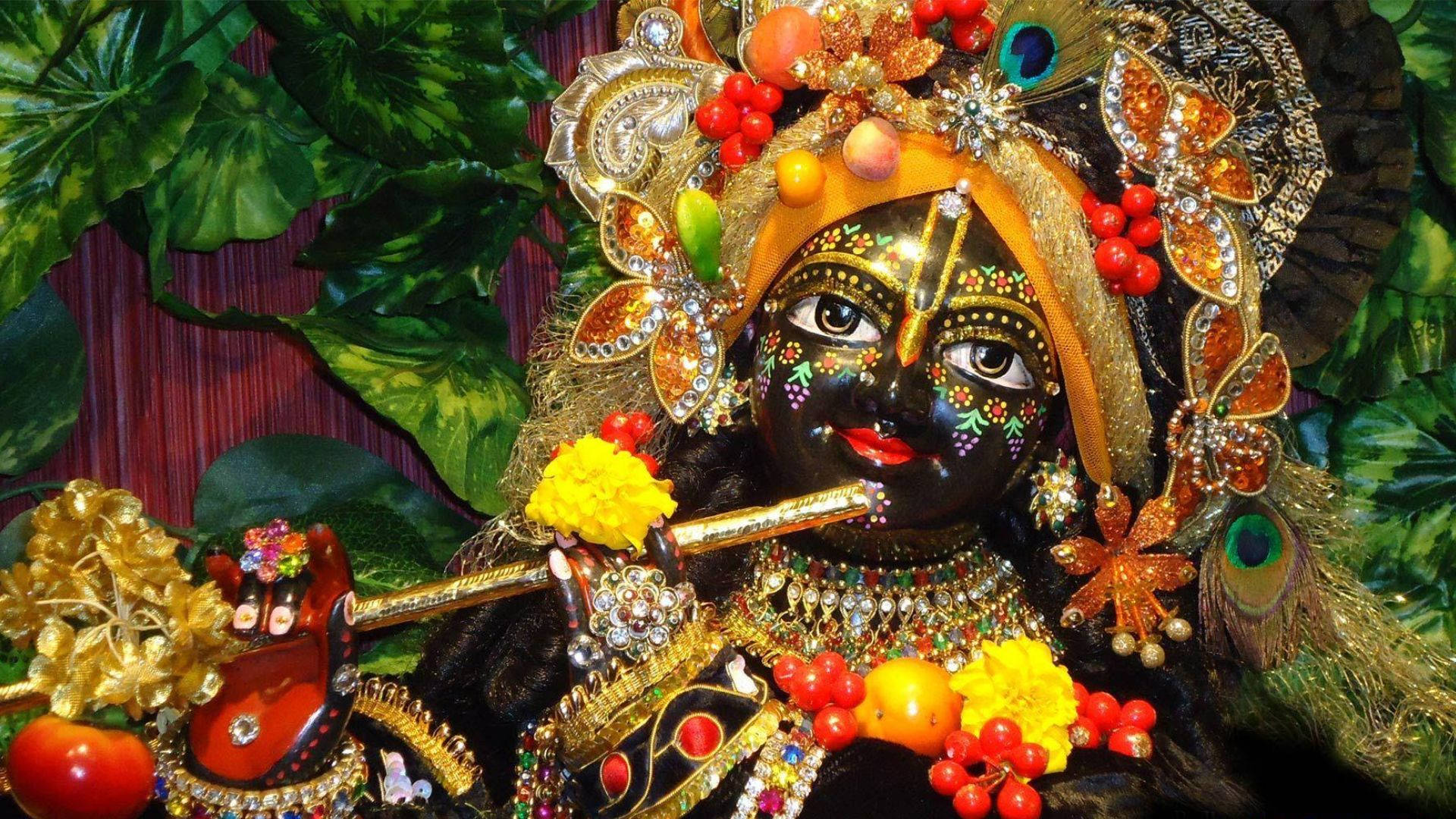Dark Krishna, jeweled crown, peacock feathers, Full HD Desktop Wallpaper