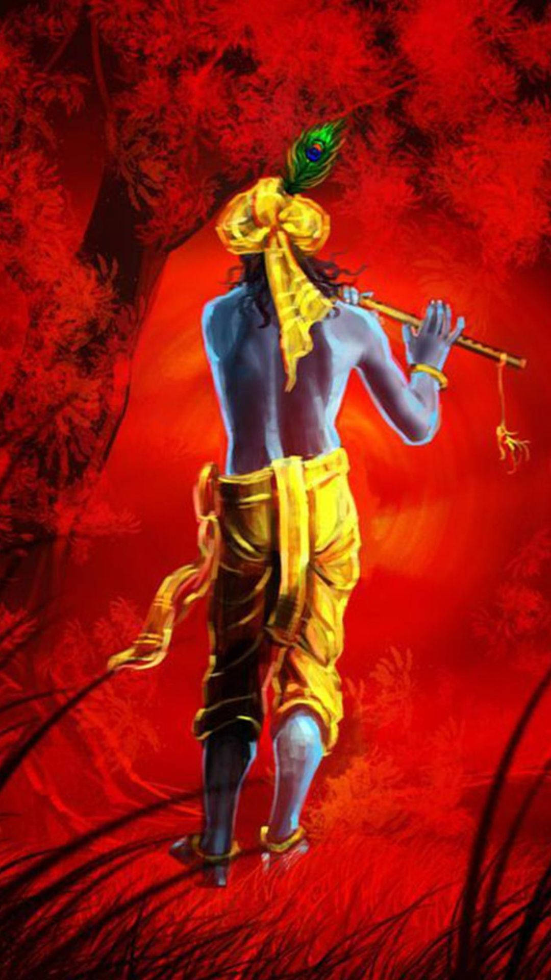 Dark Krishna, blue-skinned deity, peacock feather crown, Full HD Phone Wallpaper