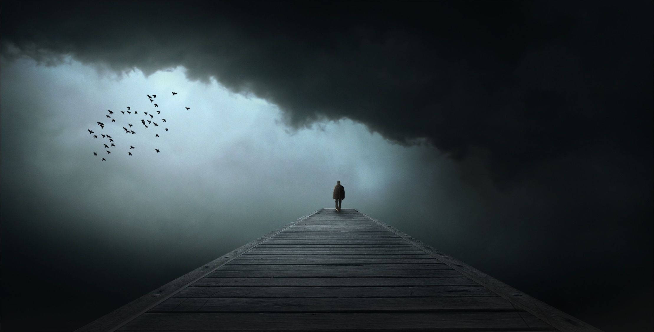 dark man, wooden pier, misty gloom, Full HD Desktop Wallpaper