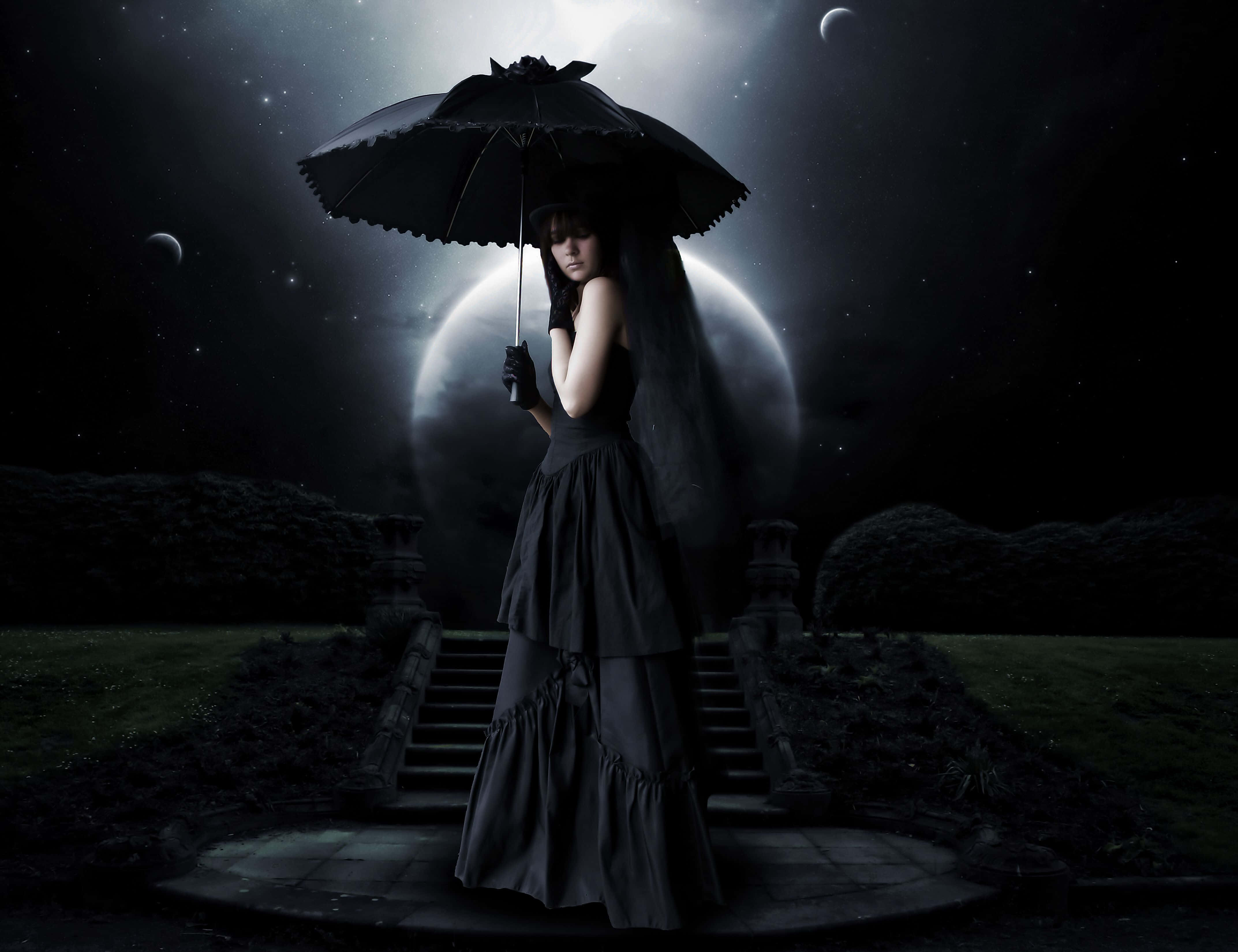 Dark Gothic Landscape, black gown, black umbrella, 4K Desktop Wallpaper