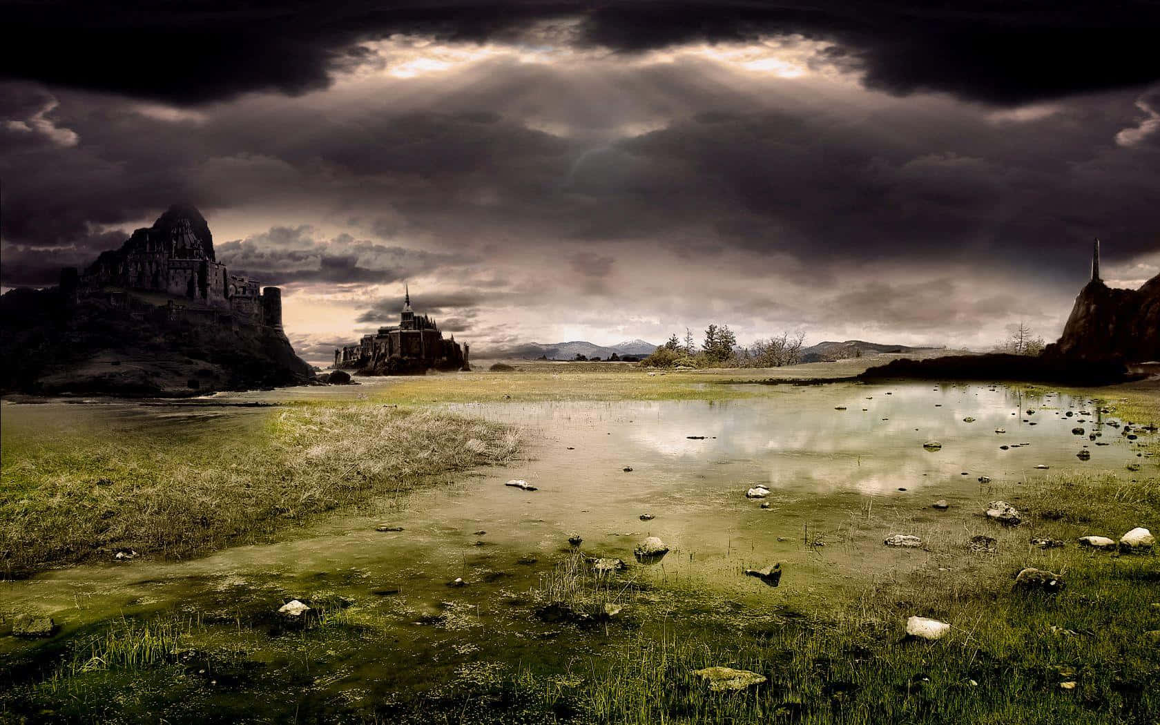 abandoned castle complex, misty, mossy plain, brooding stormy sky, HD Desktop Wallpaper