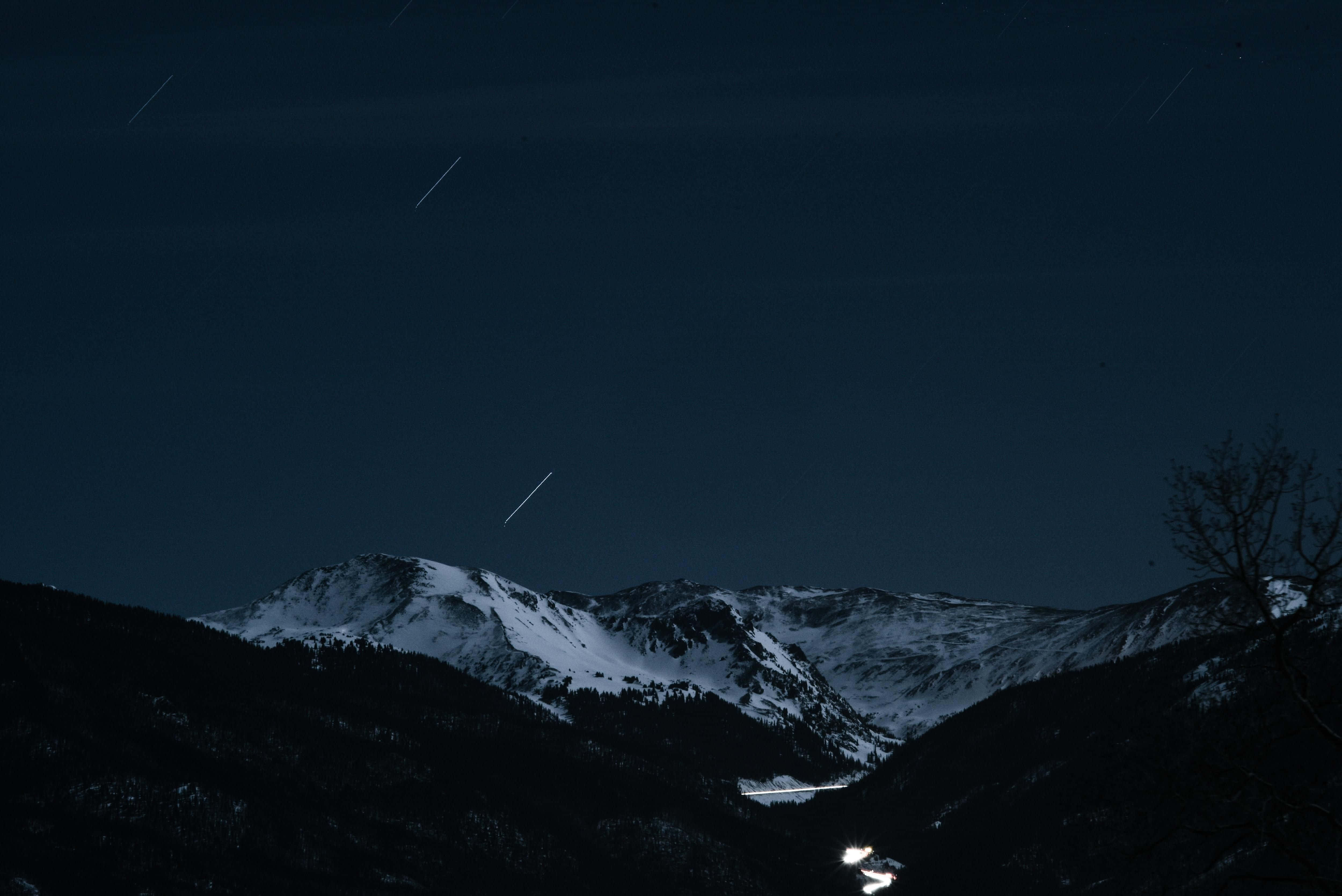 Dark Landscape, snowcapped mountains, starry night sky, 4K Desktop Wallpaper