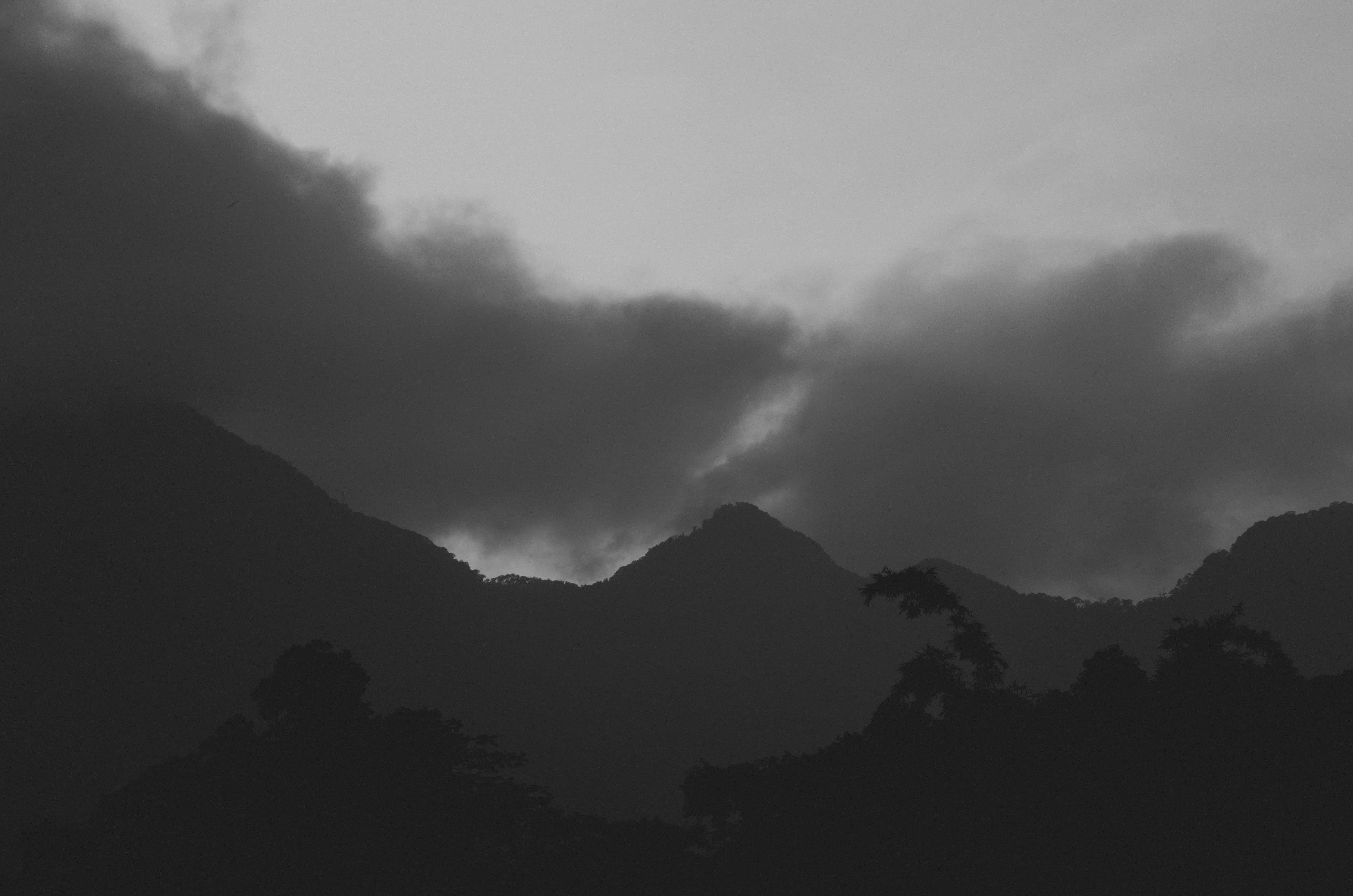 Dark Mountain, monochrome mountain silhouette, heavy storm clouds, 4K Desktop Wallpaper