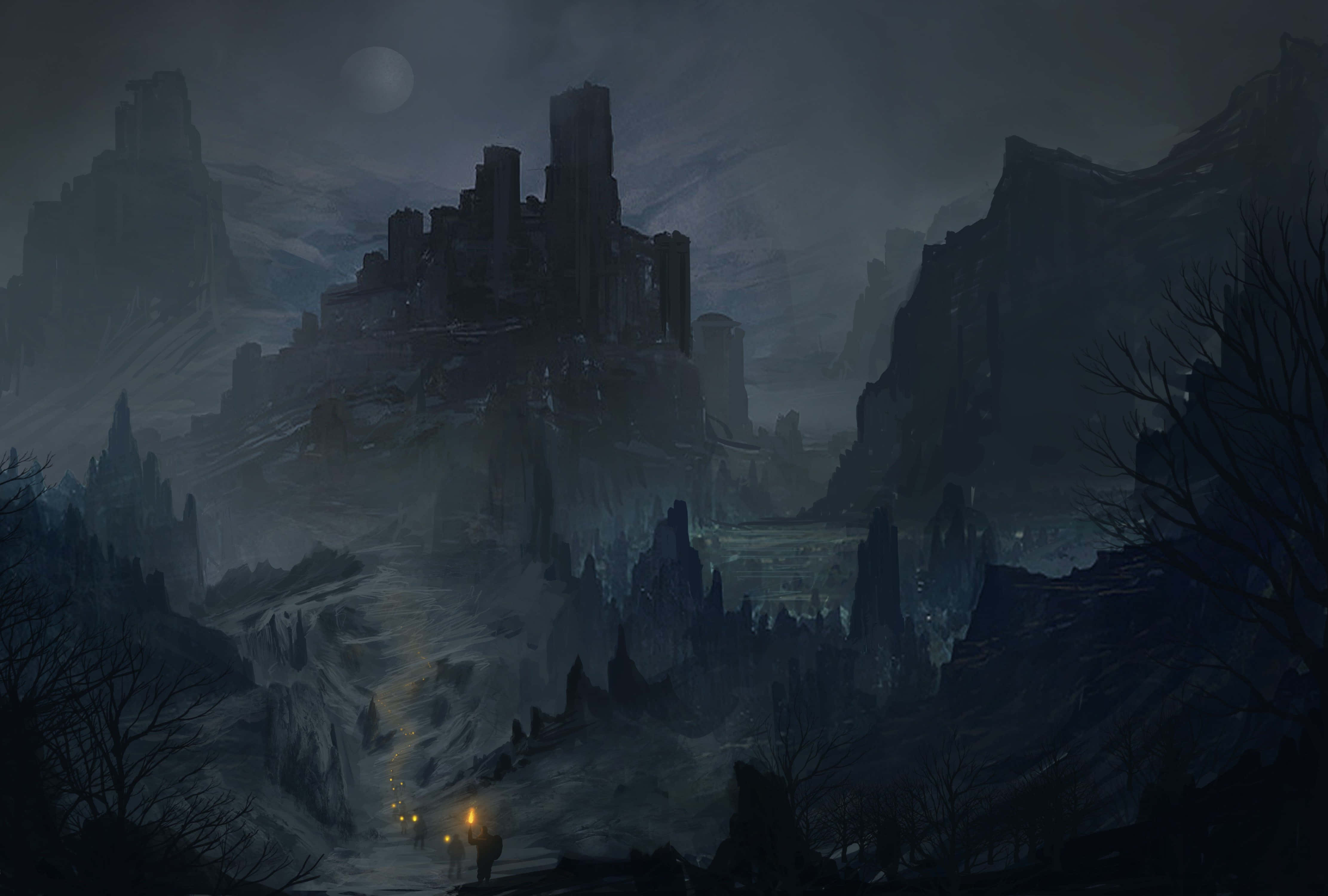 dark realm, misty mountain path, ancient castle, 4K Desktop Wallpaper