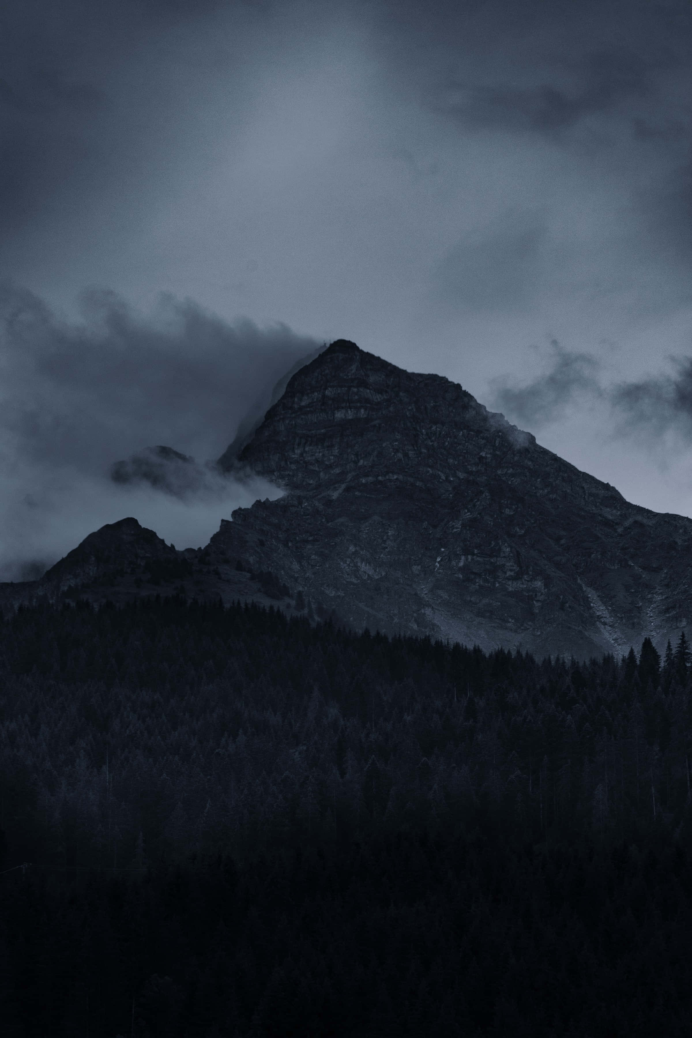 Dark Mountain, twilight sky, dense forest, 2K Phone Wallpaper
