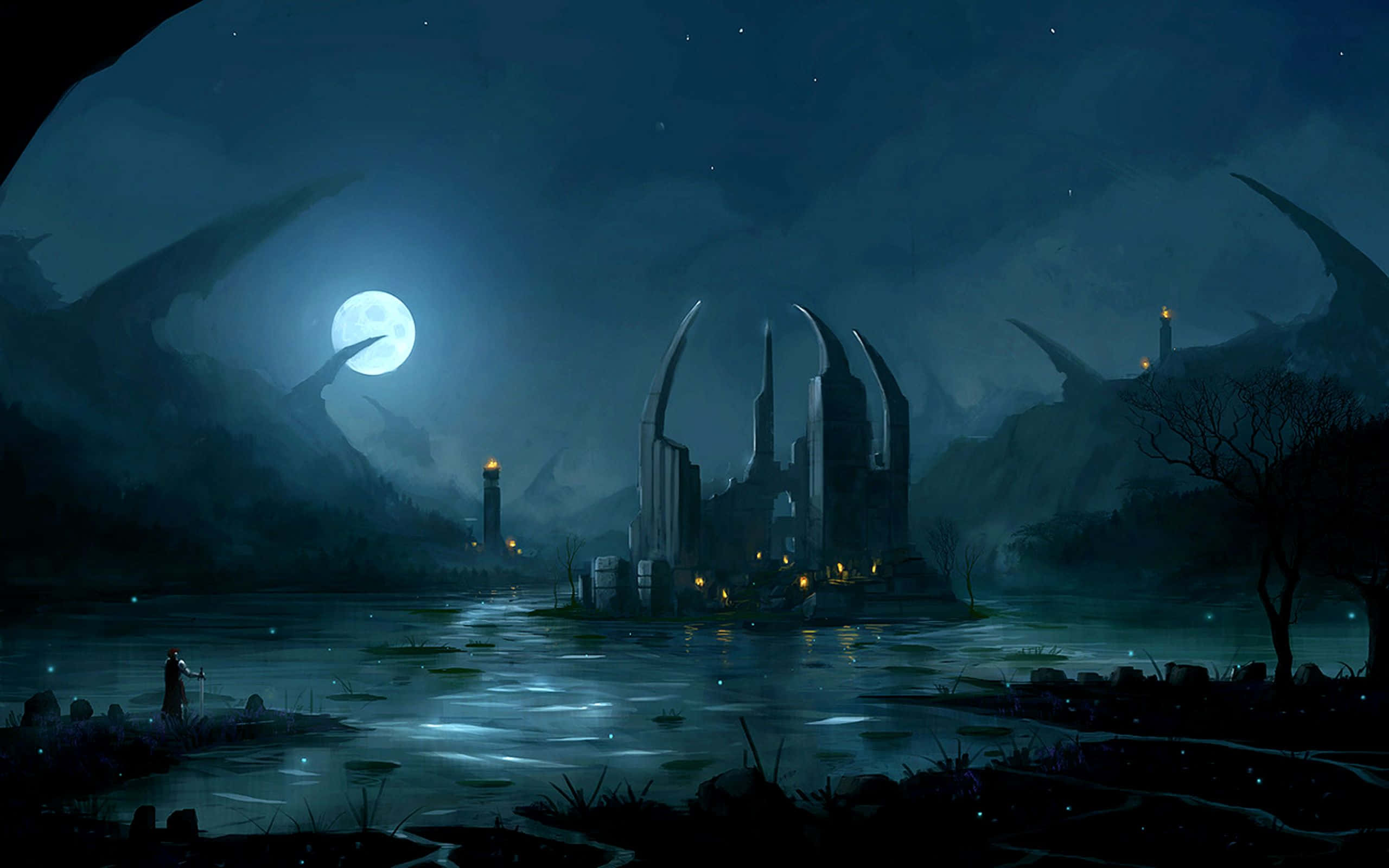 Dark Landscape, moonlit lake, mysterious castle, 2K Desktop Wallpaper