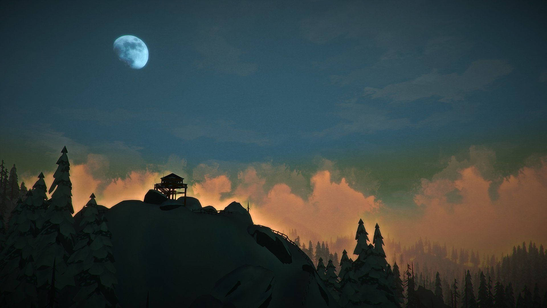 dark mountains, twilight, wooden tower, Full HD Desktop Wallpaper