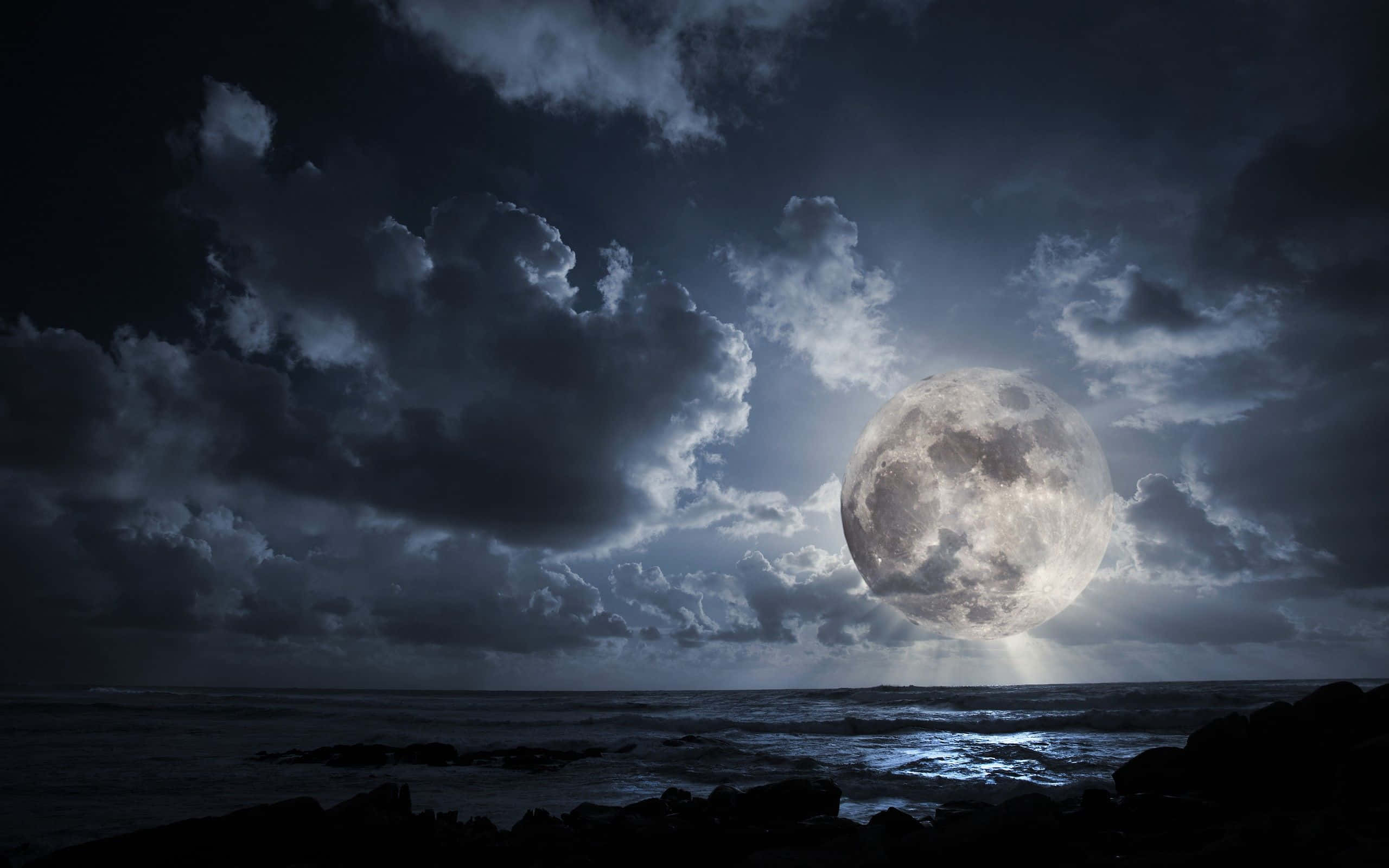 dark landscape, luminous moon, storm clouds, 2K Desktop Wallpaper