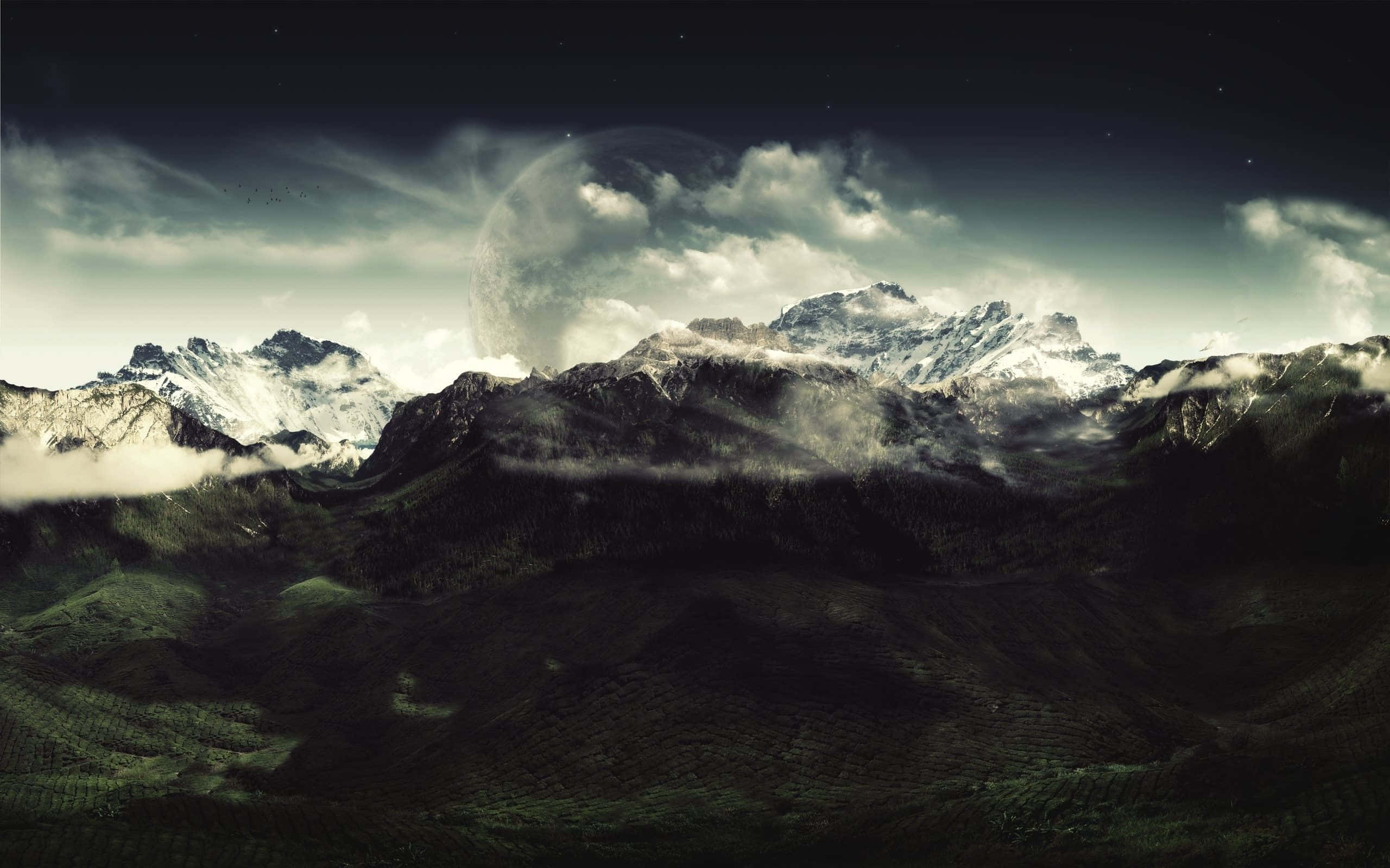 Dark Landscape, twilight sky, massive glowing moon, 2K Desktop Wallpaper