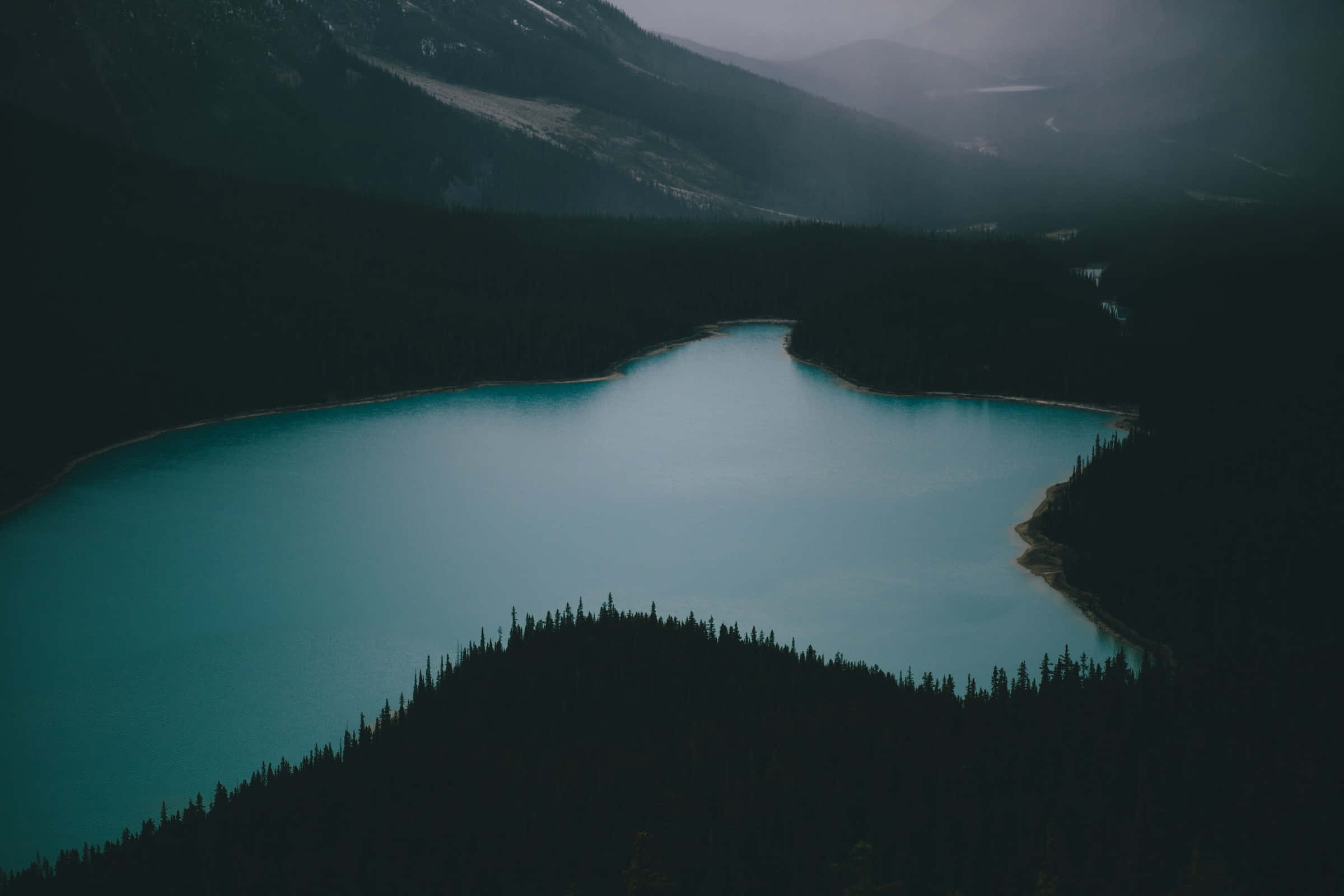 turquoise lake, shadowed mountains, dense evergreen forests, Full HD Desktop Wallpaper