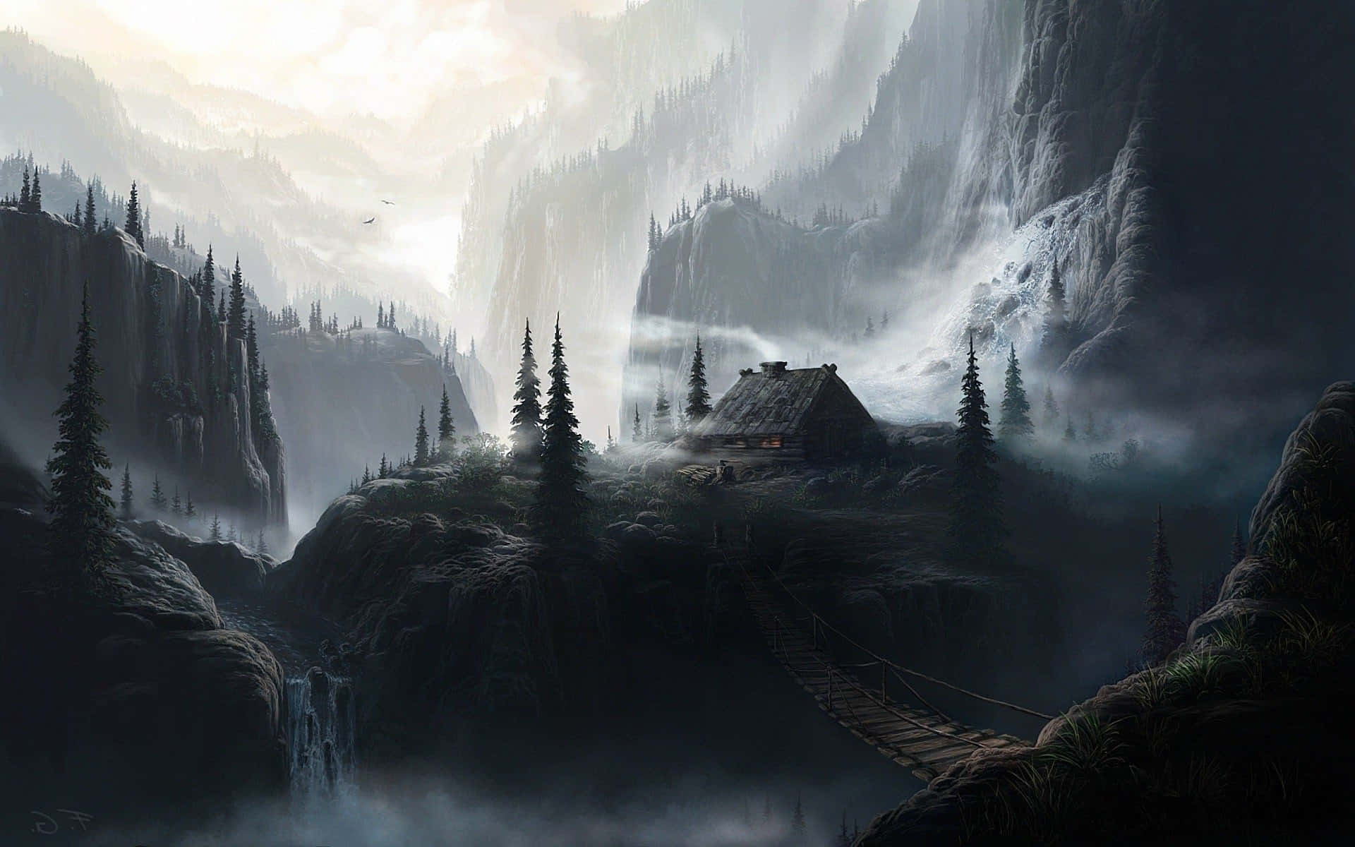 Dark Landscape, cabin, misty mountain ridge, Full HD Desktop Wallpaper