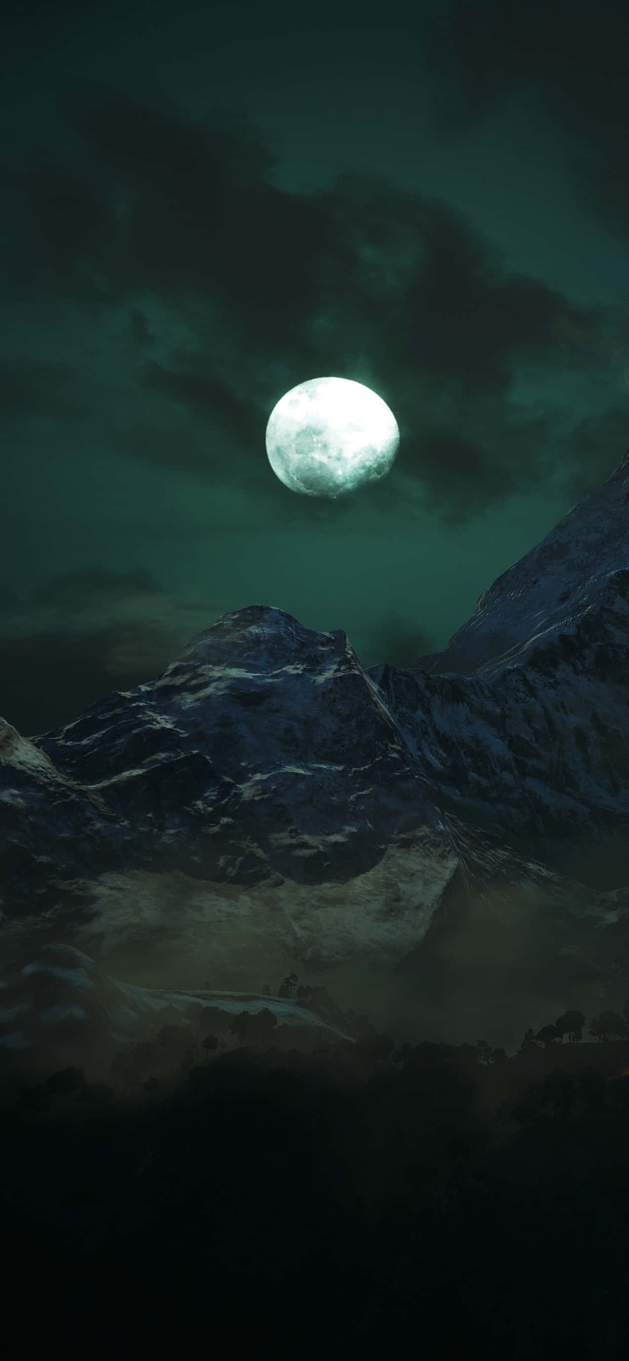 luminous full moon, jagged snow-capped mountains, dark teal sky, 2K Phone Wallpaper
