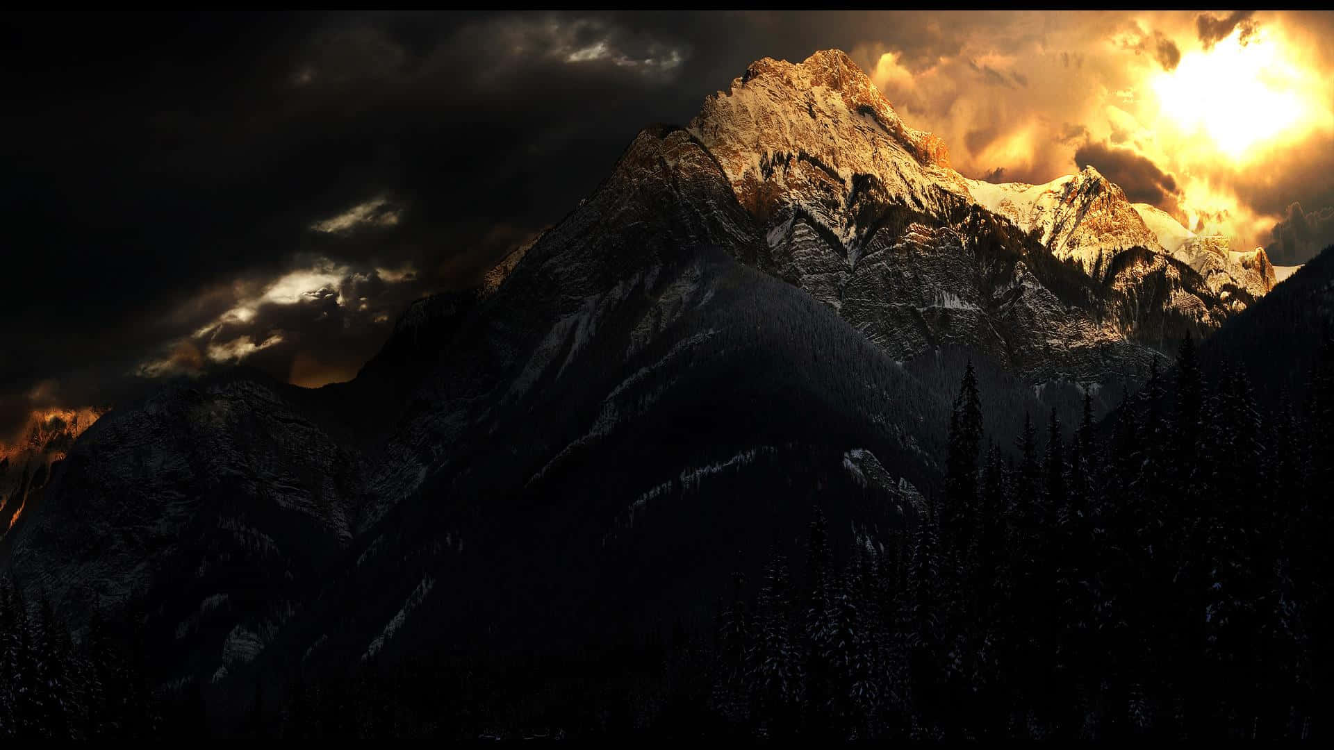snowcapped mountain peak, dark storm clouds, golden sunlight, Full HD Desktop Wallpaper