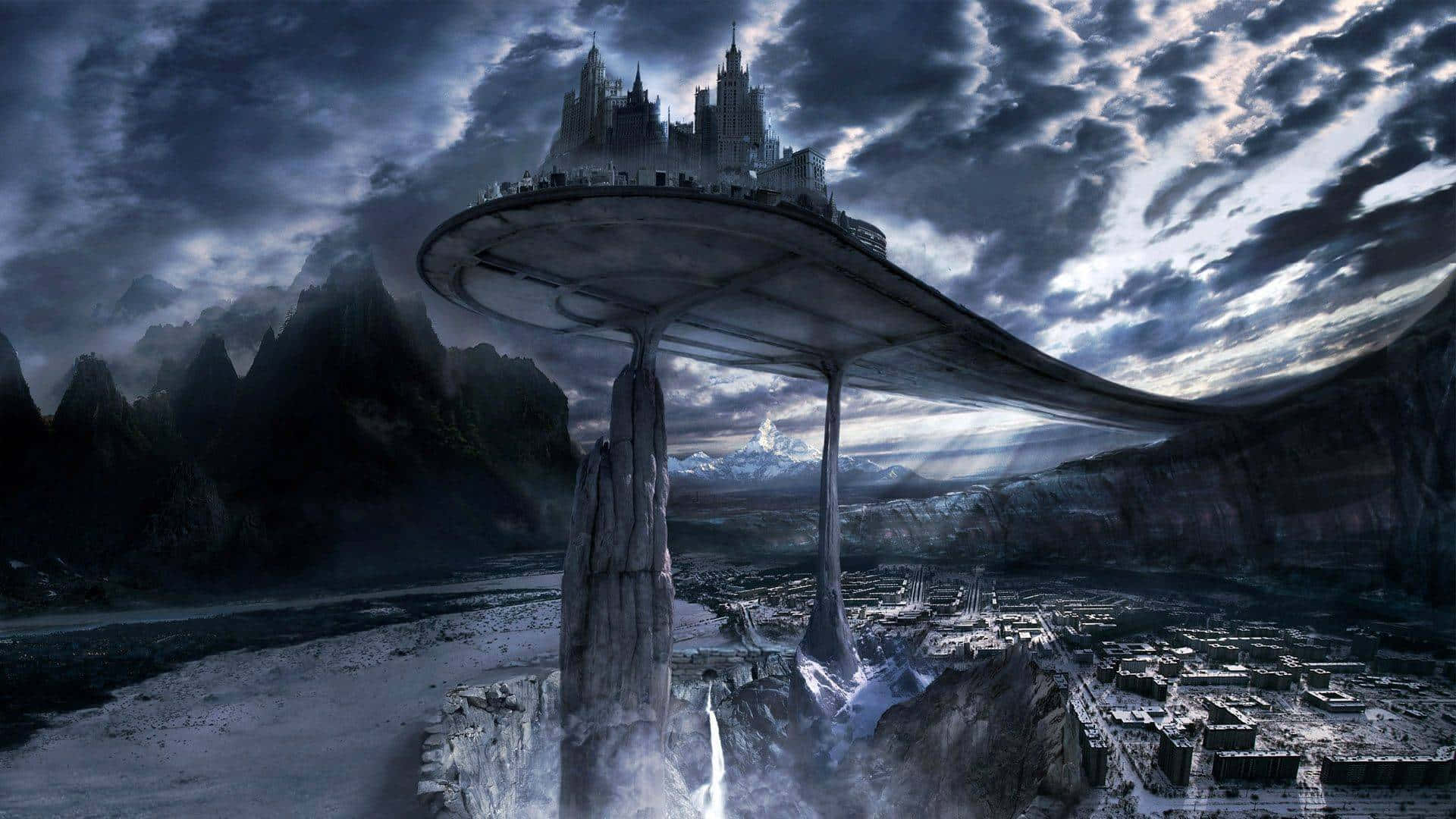 Dark Landscape, futuristic floating city, colossal pillars, Full HD Desktop Wallpaper