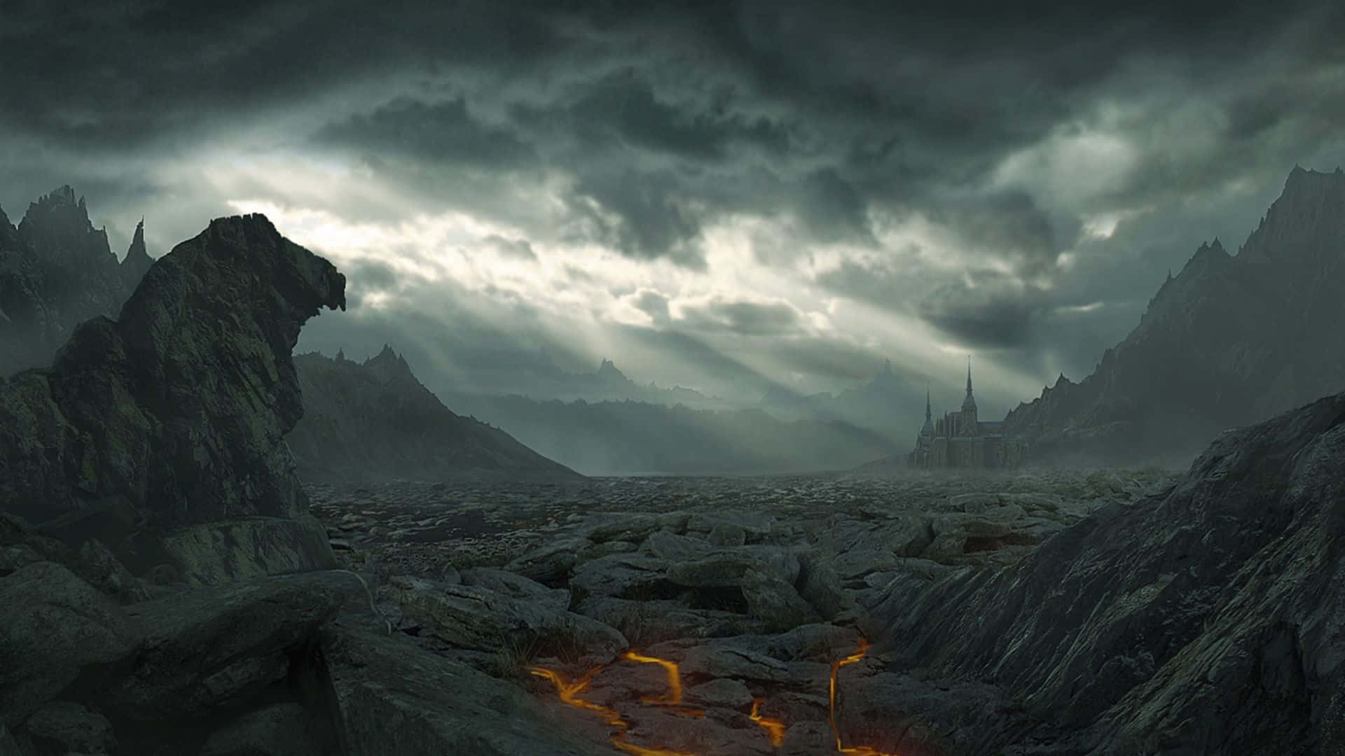 gothic castle, desolate volcanic plain, stormy sky, Full HD Desktop Wallpaper