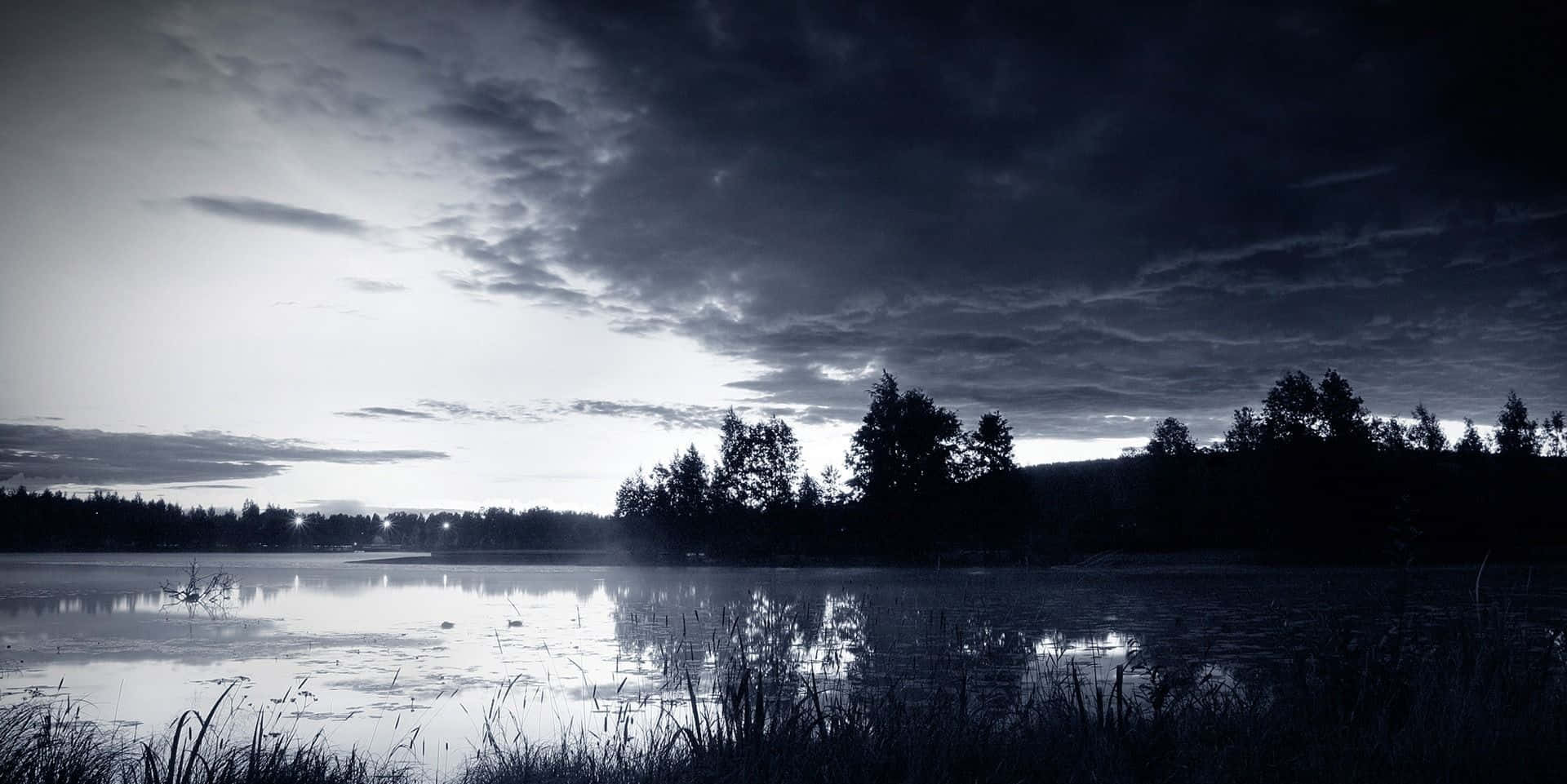 Dark Landscape, twilight lake, dramatic cloudy sky, Full HD Desktop Wallpaper