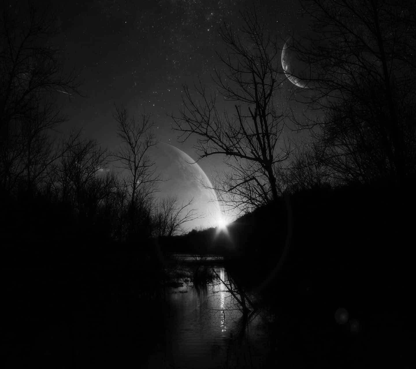 Dark Landscape, crescent moon, glowing alien planet, HD Desktop Wallpaper