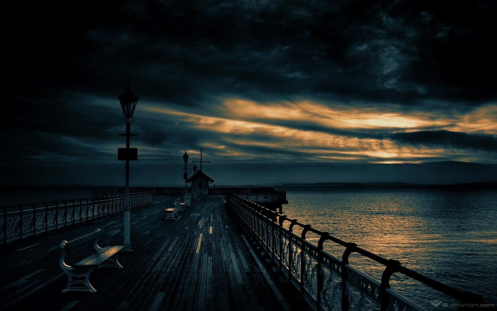 Dark Landscape, twilight, wooden pier, HD Desktop Wallpaper