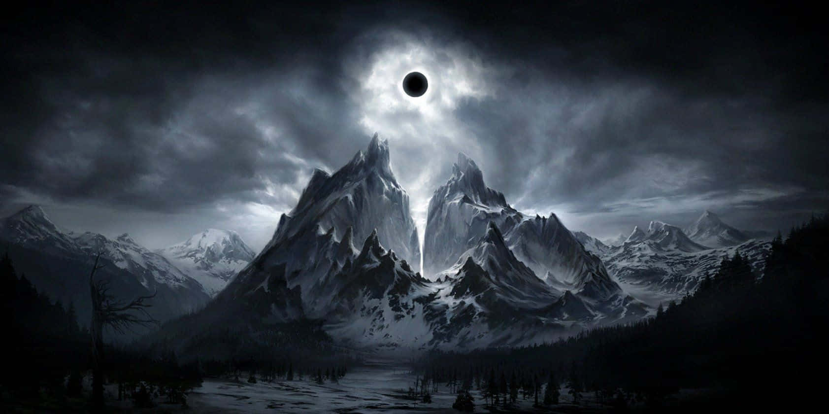 dark landscape, mountain range, eclipse, HD Desktop Wallpaper