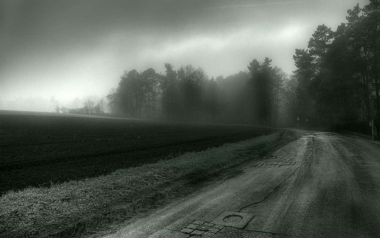 Dark Landscape, misty rural road, foggy field, HD Desktop Wallpaper