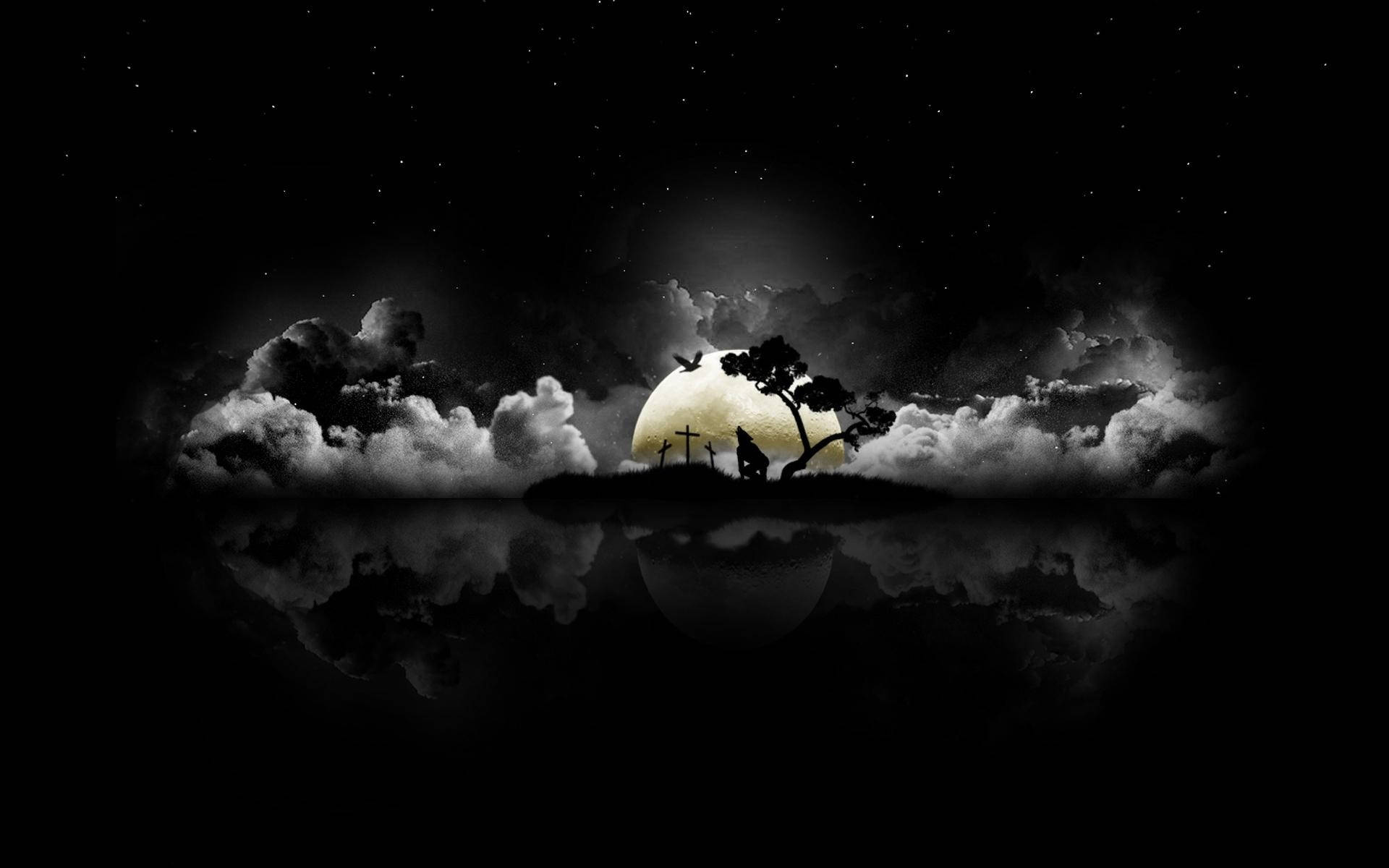 Dark Laptop, full moon, river, Full HD Desktop Wallpaper