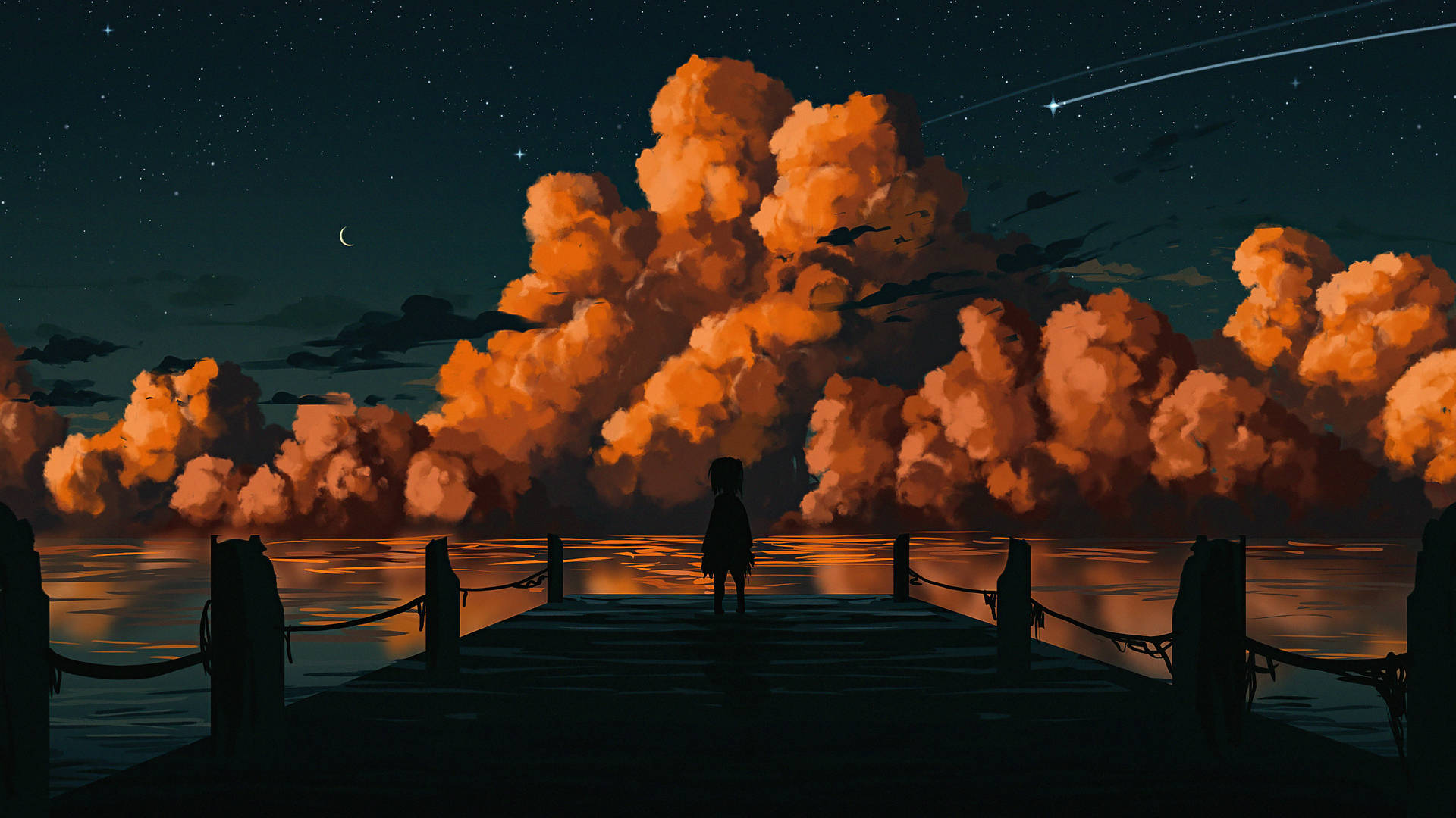 Dark Laptop, lone figure, dock, Full HD Desktop Wallpaper