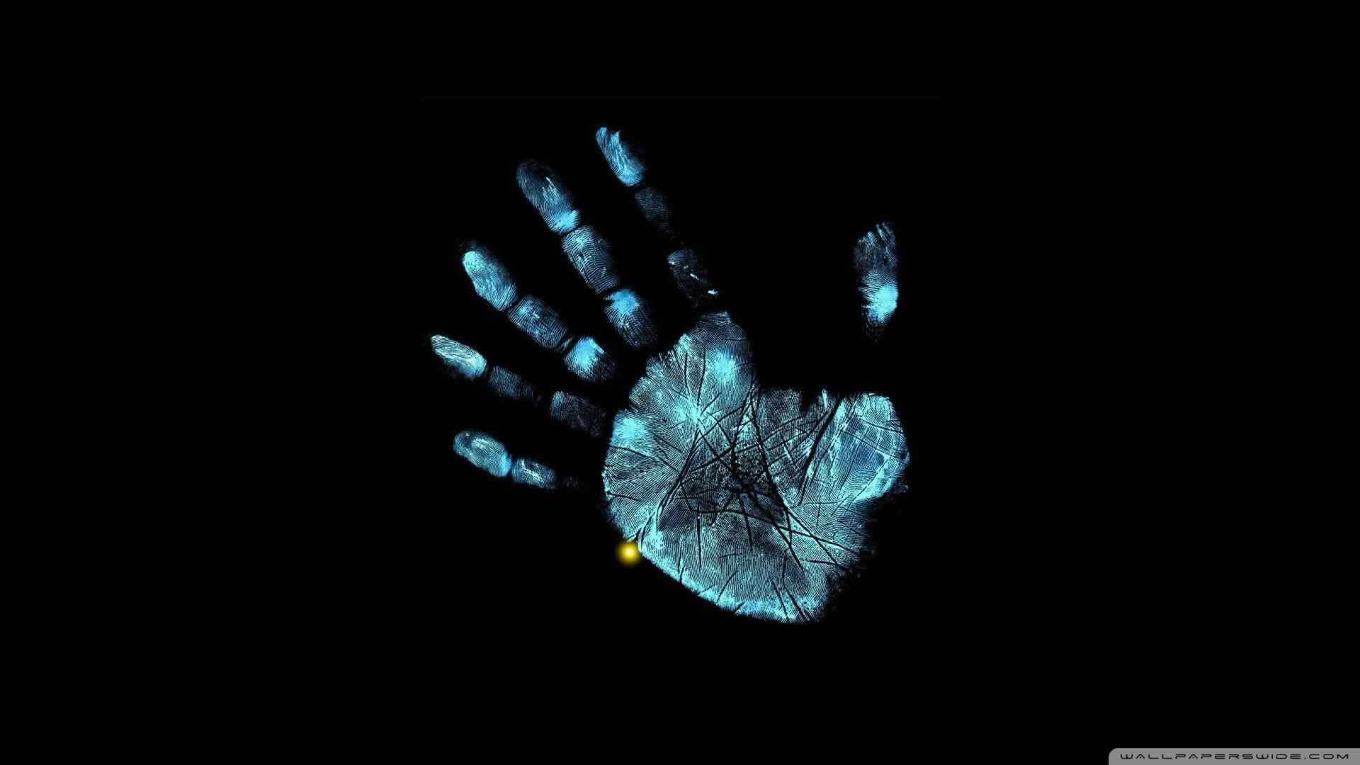 Dark Laptop, glowing blue handprint, cracked texture, Full HD Desktop Wallpaper