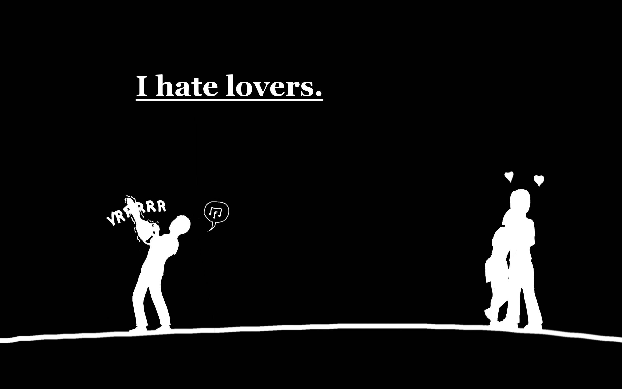 Hate Love Dark Humor, black background, white silhouettes, 2K Desktop Wallpaper