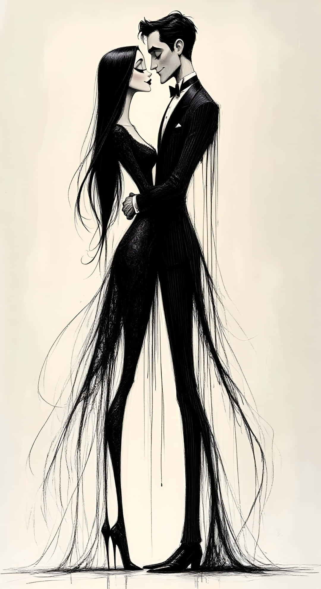 eternal dark love, black and white illustration, tall slender couple, Full HD Phone Wallpaper