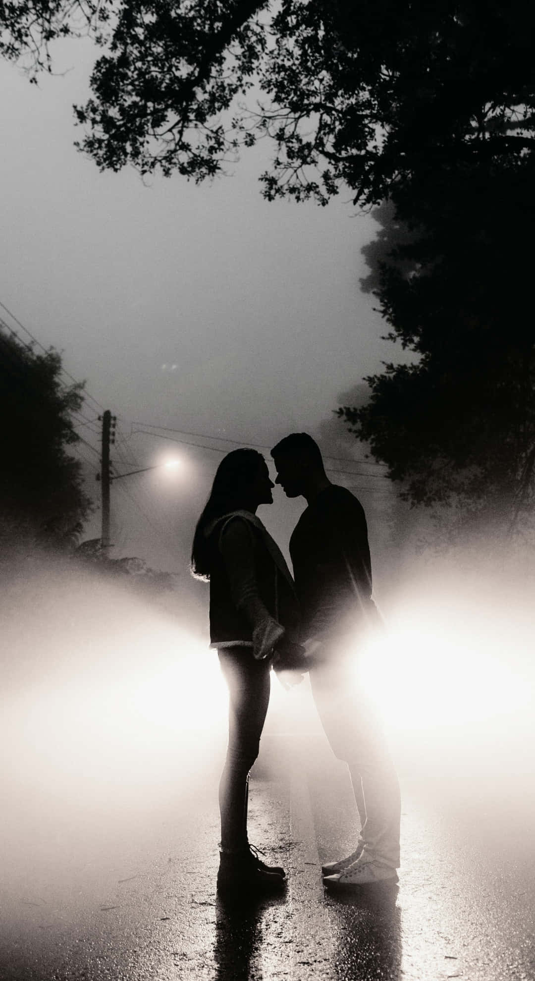 Dark Romance Embrace, silhouetted couple, misty wet road, Full HD Phone Wallpaper