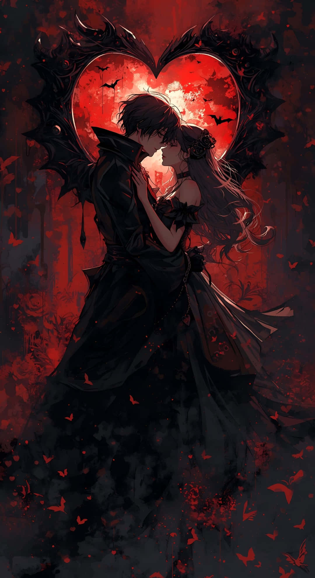 Dark Romance Embrace, glowing red heart, black bat wings, Full HD Phone Wallpaper