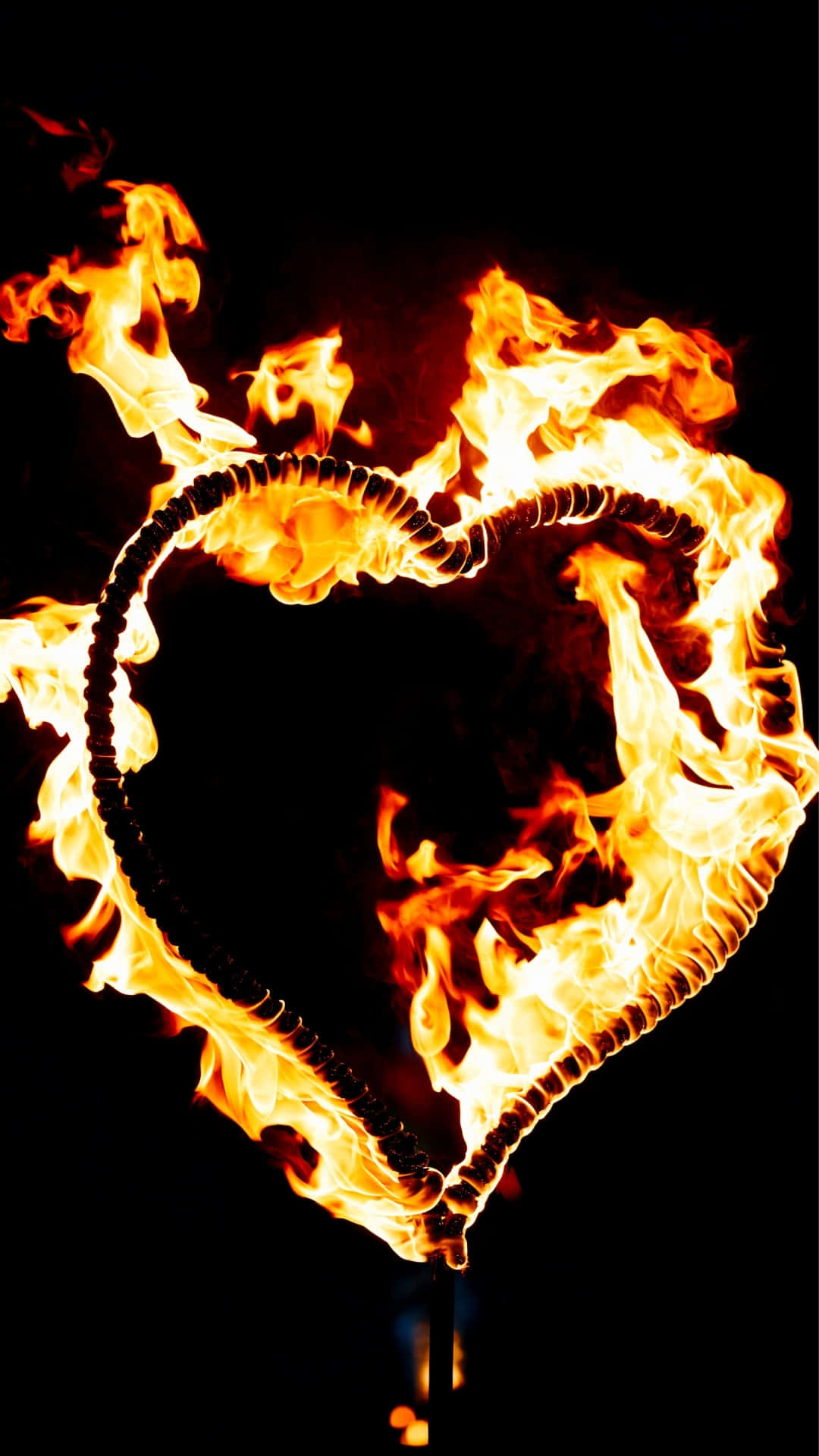 fiery heart of dark love, heart-shaped coil of rope, vibrant orange and yellow flames, Full HD Phone Wallpaper