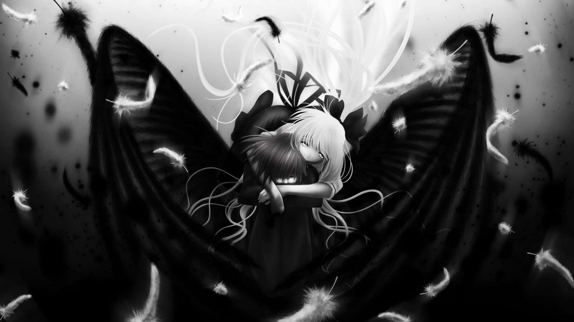 Dark Romance Embrace, monochrome anime girl, large dark wings, Full HD Desktop Wallpaper