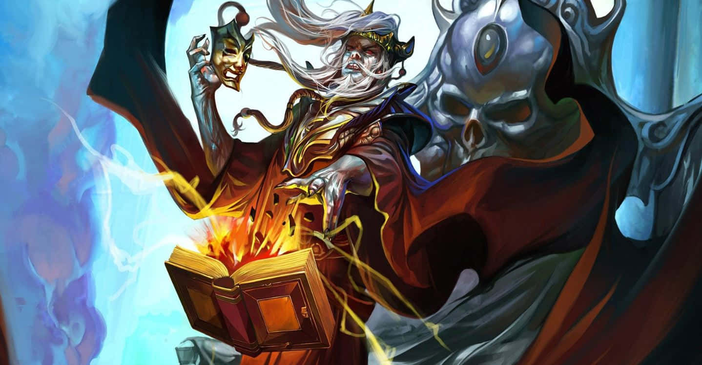 sorcerer, skull-faced companion, open book, HD Desktop Wallpaper