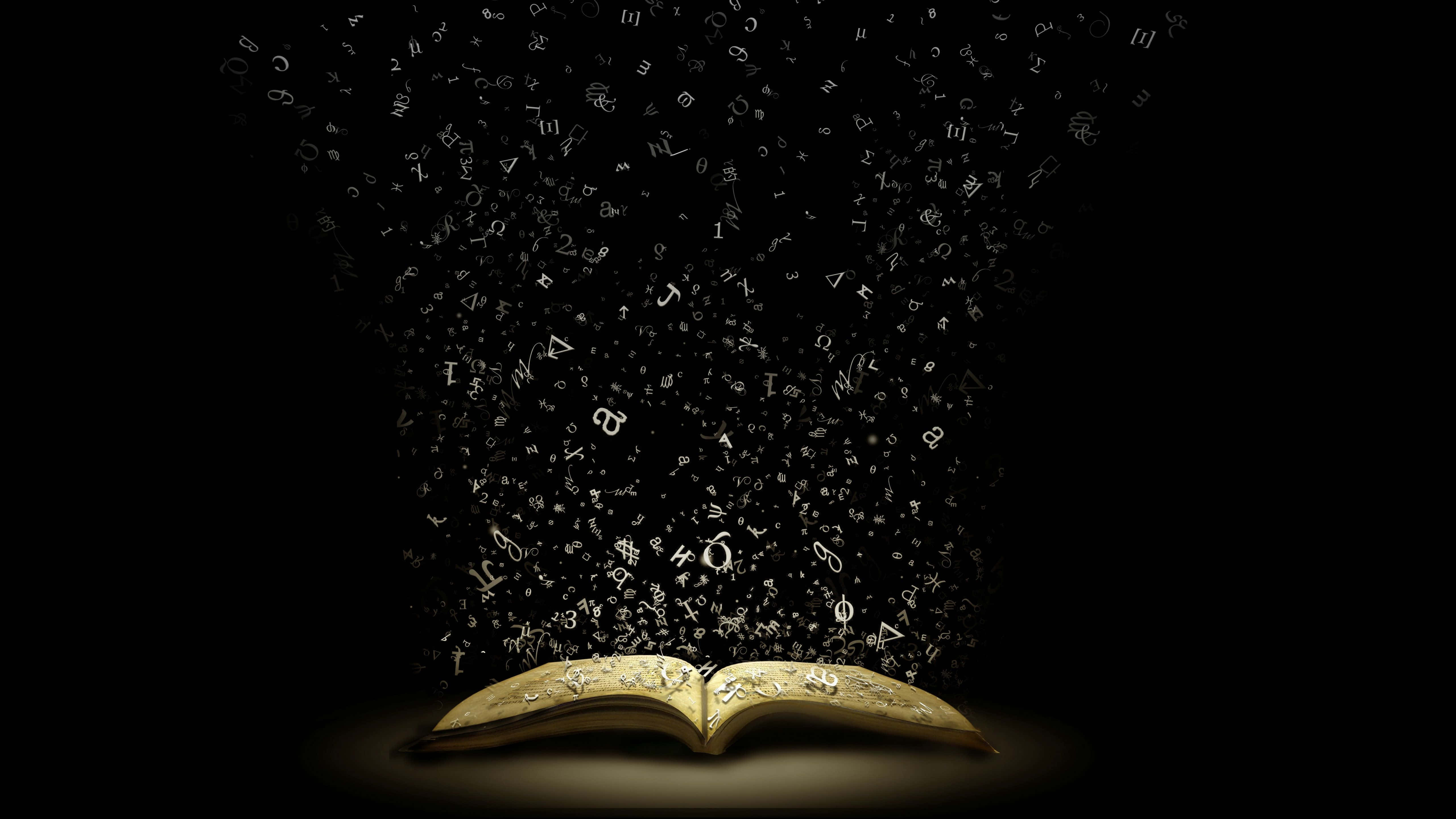 Dark Magic, golden book, glowing floating letters, 5K Desktop Wallpaper
