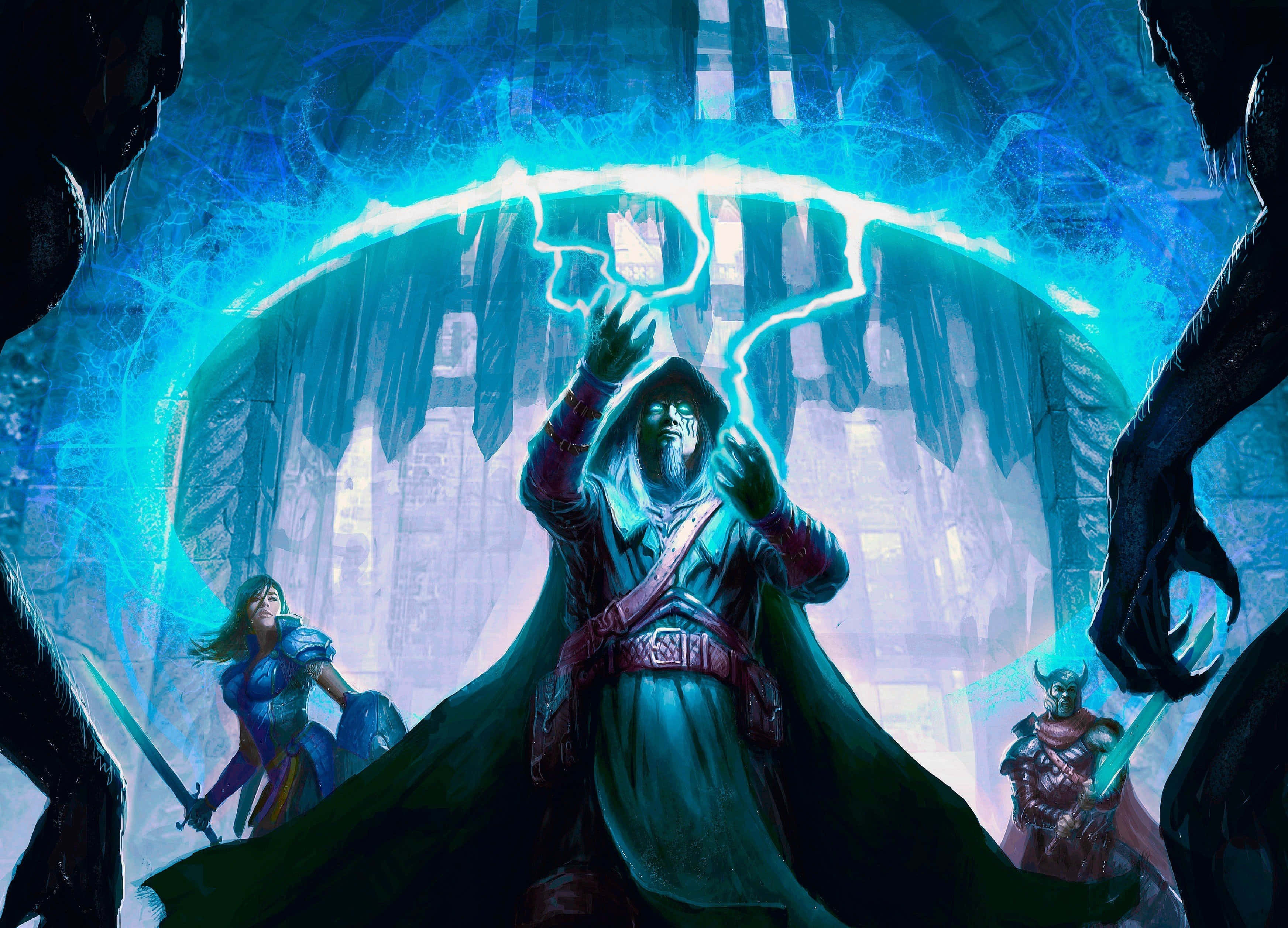 Dark Magic, hooded wizard, glowing blue lightning, 2K Desktop Wallpaper