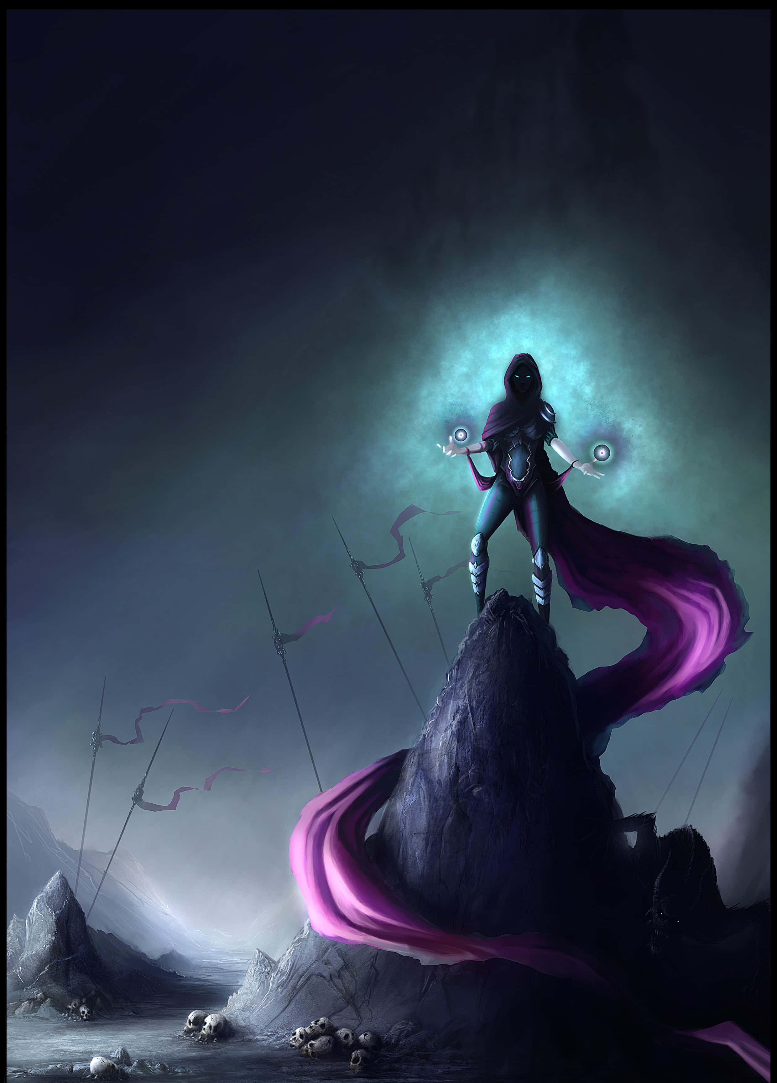 Dark Magic, hooded figure, glowing eyes, 2K Phone Wallpaper