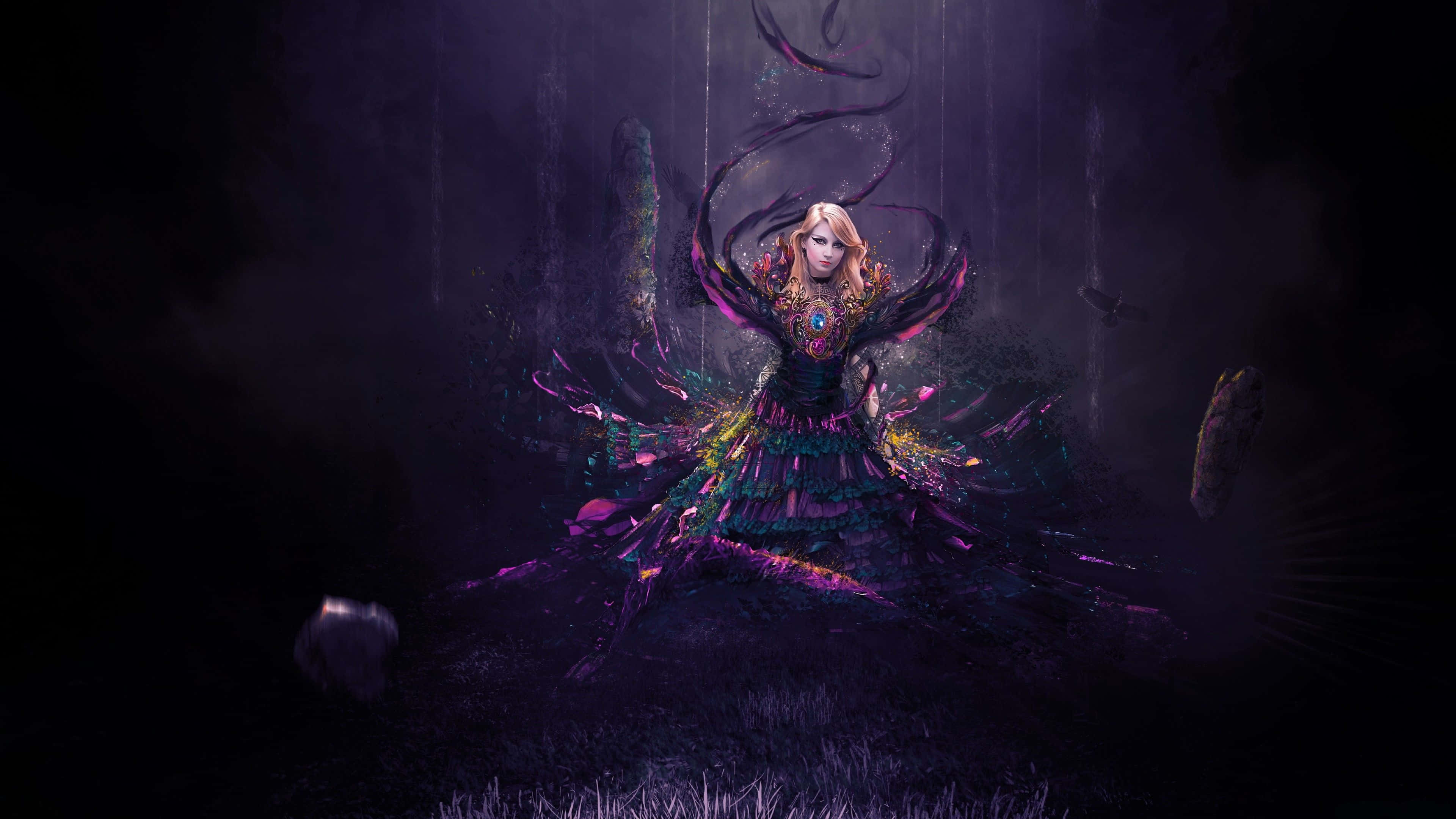 Dark Magic, mystical woman, vibrant, layered gown, 4K Desktop Wallpaper