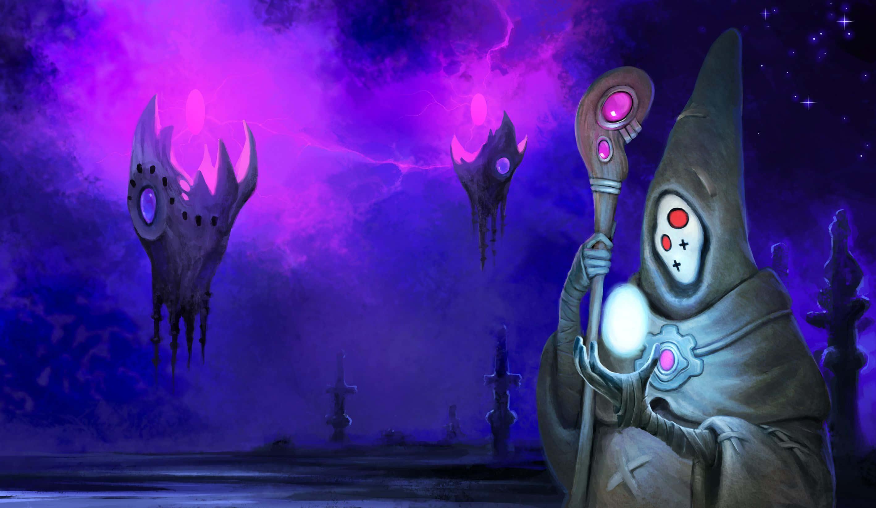 Dark Magic, hooded wizard, glowing eyes, 2K Desktop Wallpaper