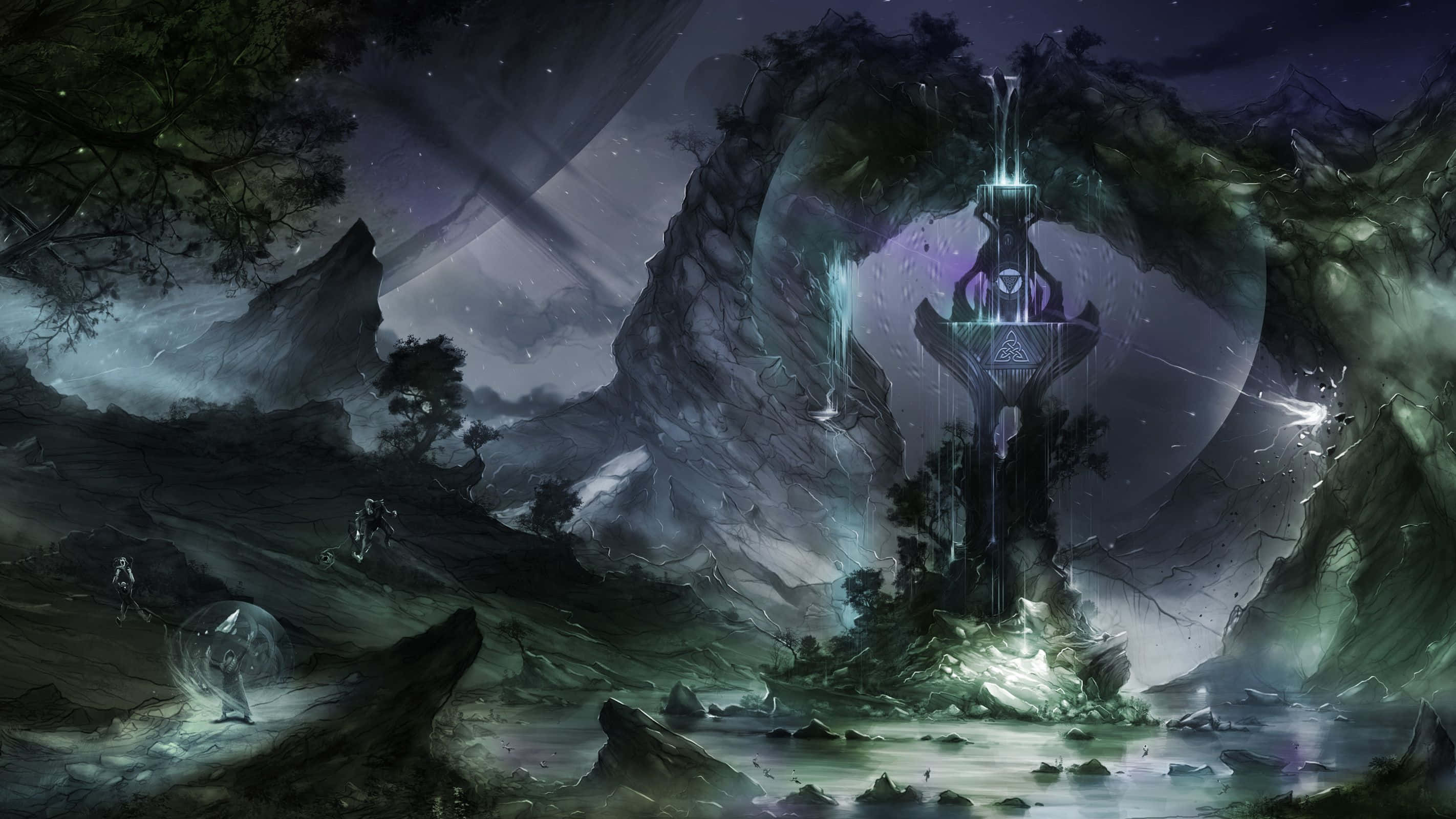 Dark Magic, mystical sword, rocky outcrop, 2K Desktop Wallpaper