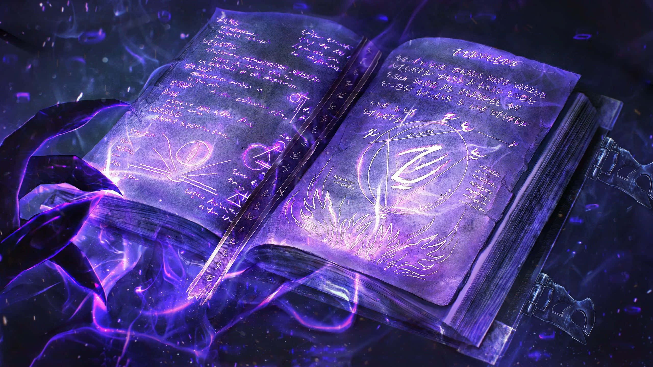 Dark Magic, glowing purple spellbook, arcane symbols, 2K Desktop Wallpaper
