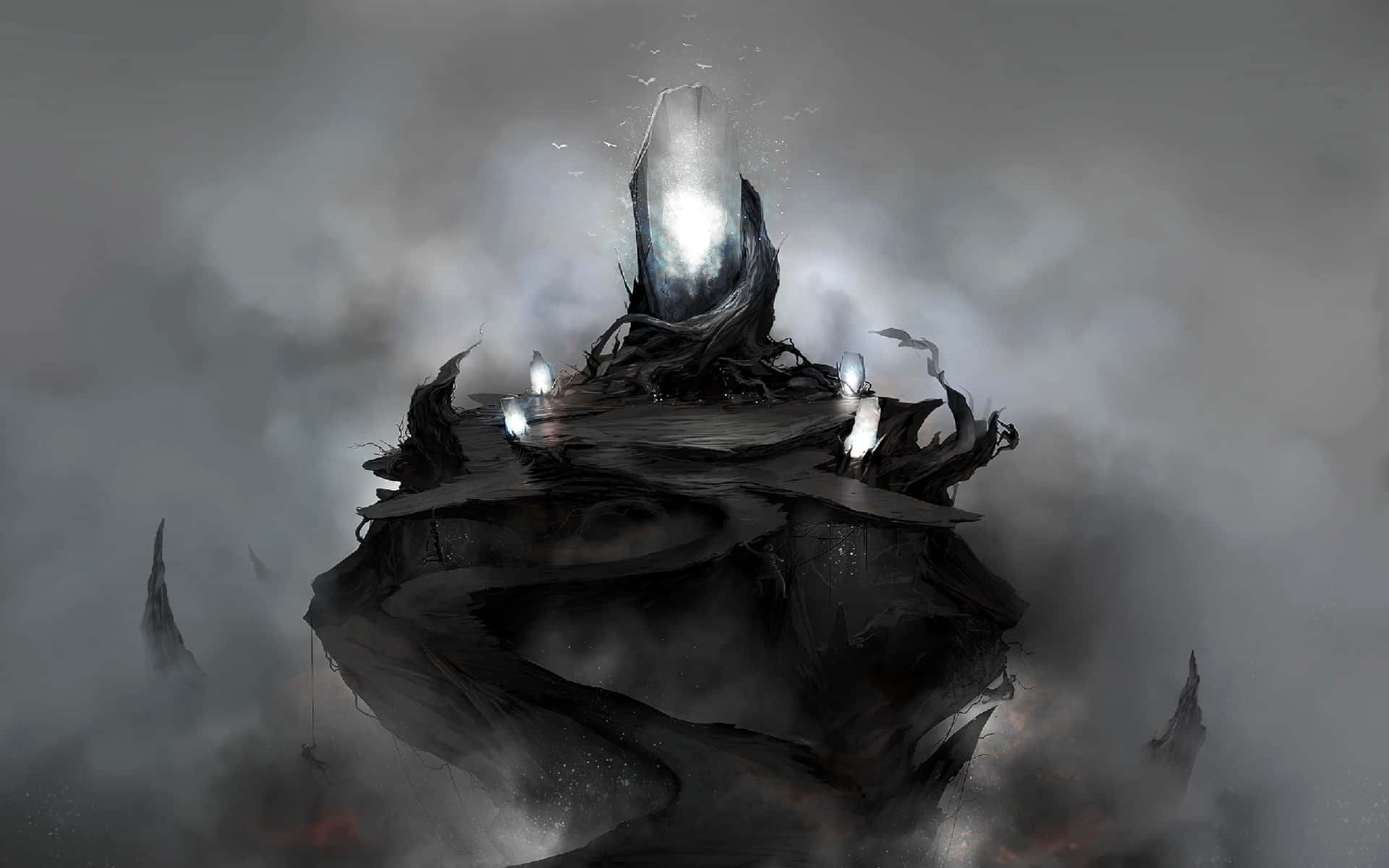 Dark Magic, glowing orbs, radiant crystal peak, Full HD Desktop Wallpaper