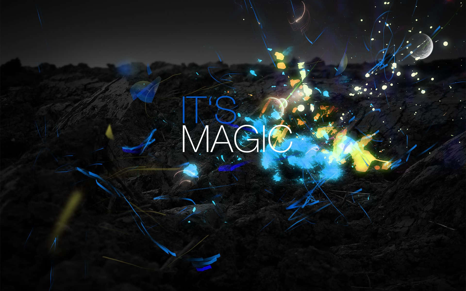 Dark Magic, vibrant blue and yellow magical particles, dark rocky surface, Full HD Desktop Wallpaper