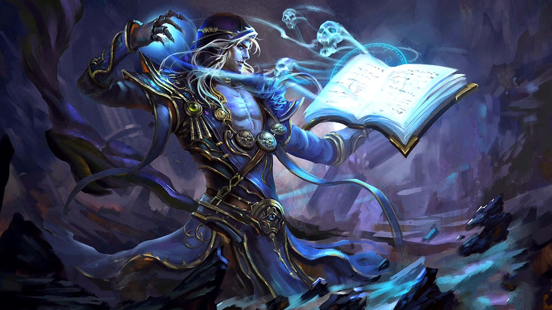 Dark Magic, blue-robed wizard, glowing book, Full HD Desktop Wallpaper