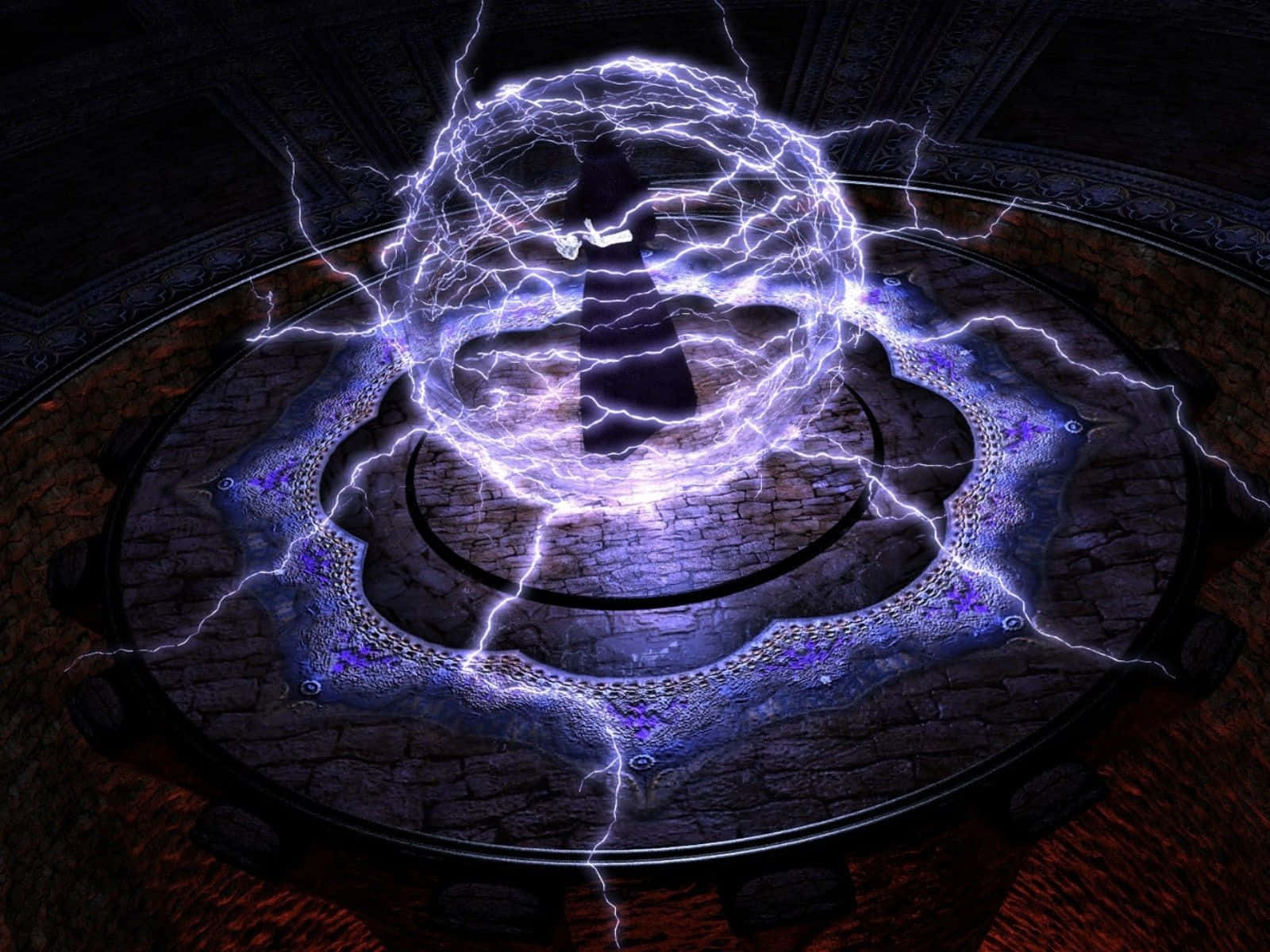 Dark Magic, glowing purple lightning circle, dark stone chamber, HD Desktop Wallpaper